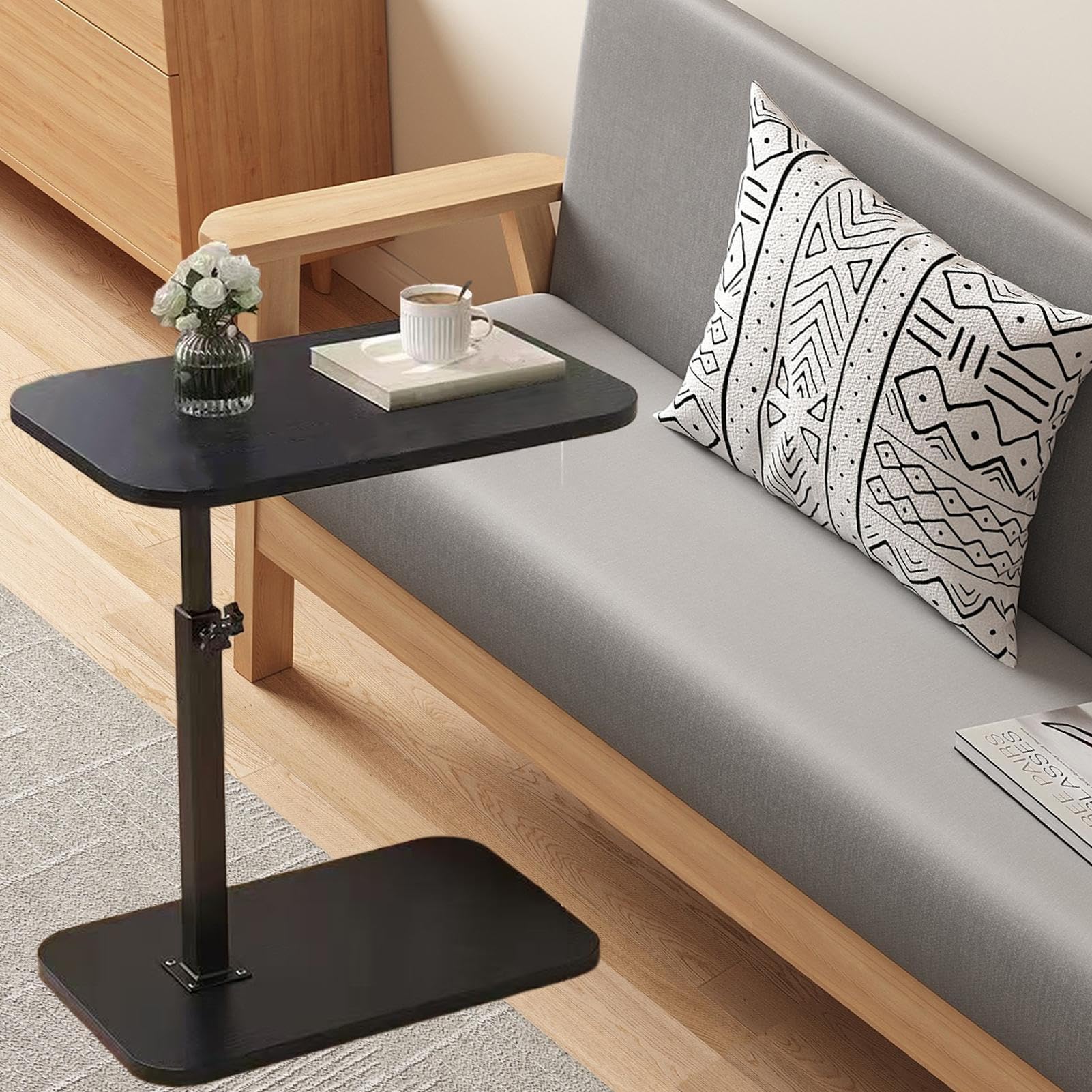 C Table, 360 Degree Rotating End Table, Wood, Metal Material, Space-Saving Small Couch Tables for Living Room, Bedroom, and Study with Versatile Functionality and Modern Design, 15.75x11.81 inches