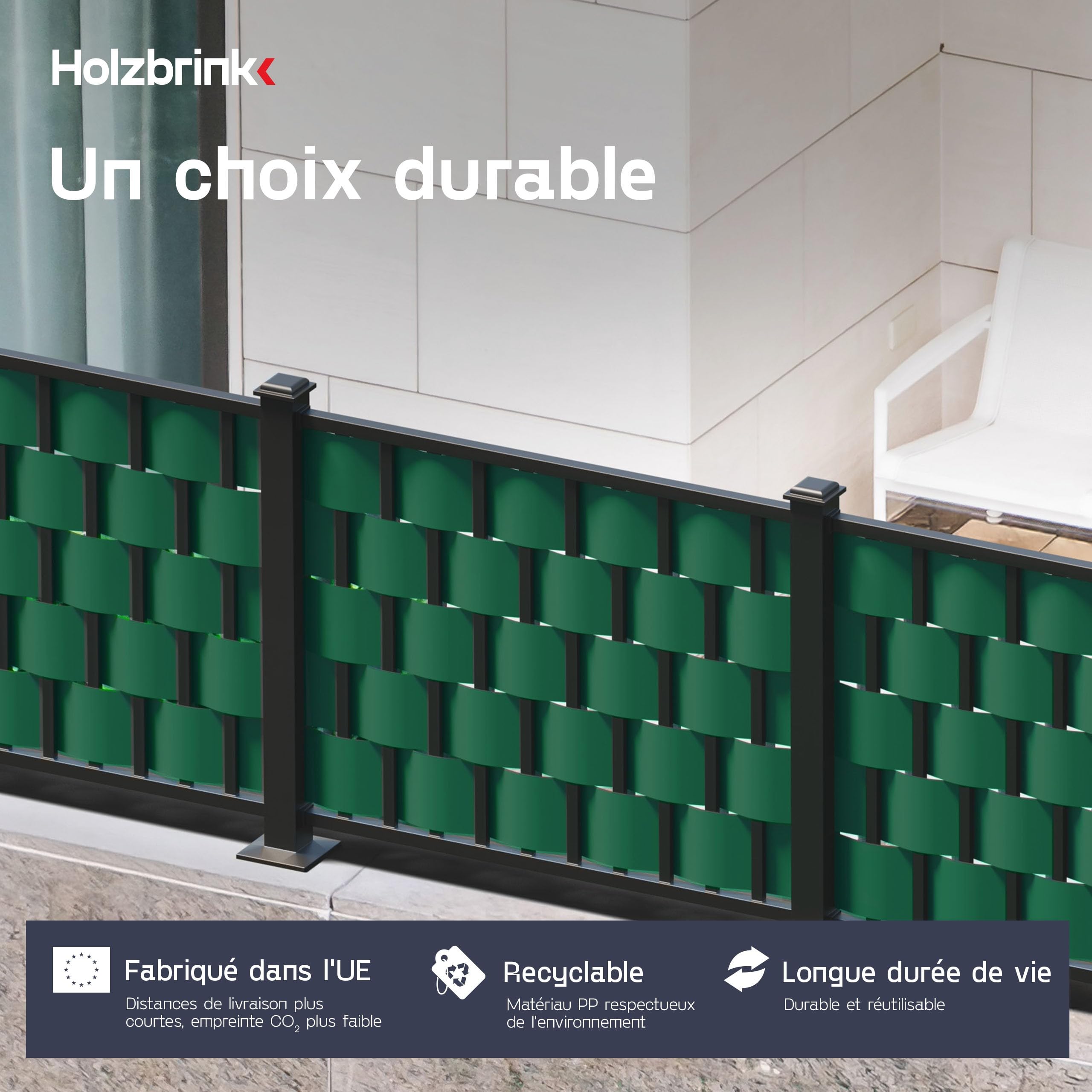 HOLZBRINK Brise vue occultant en PP | 19 cm x 26 m | Lamelle occultation grillage rigide | Rouleau brise-vue pour extérieur, balcon, jardin | vert (RAL 6005)