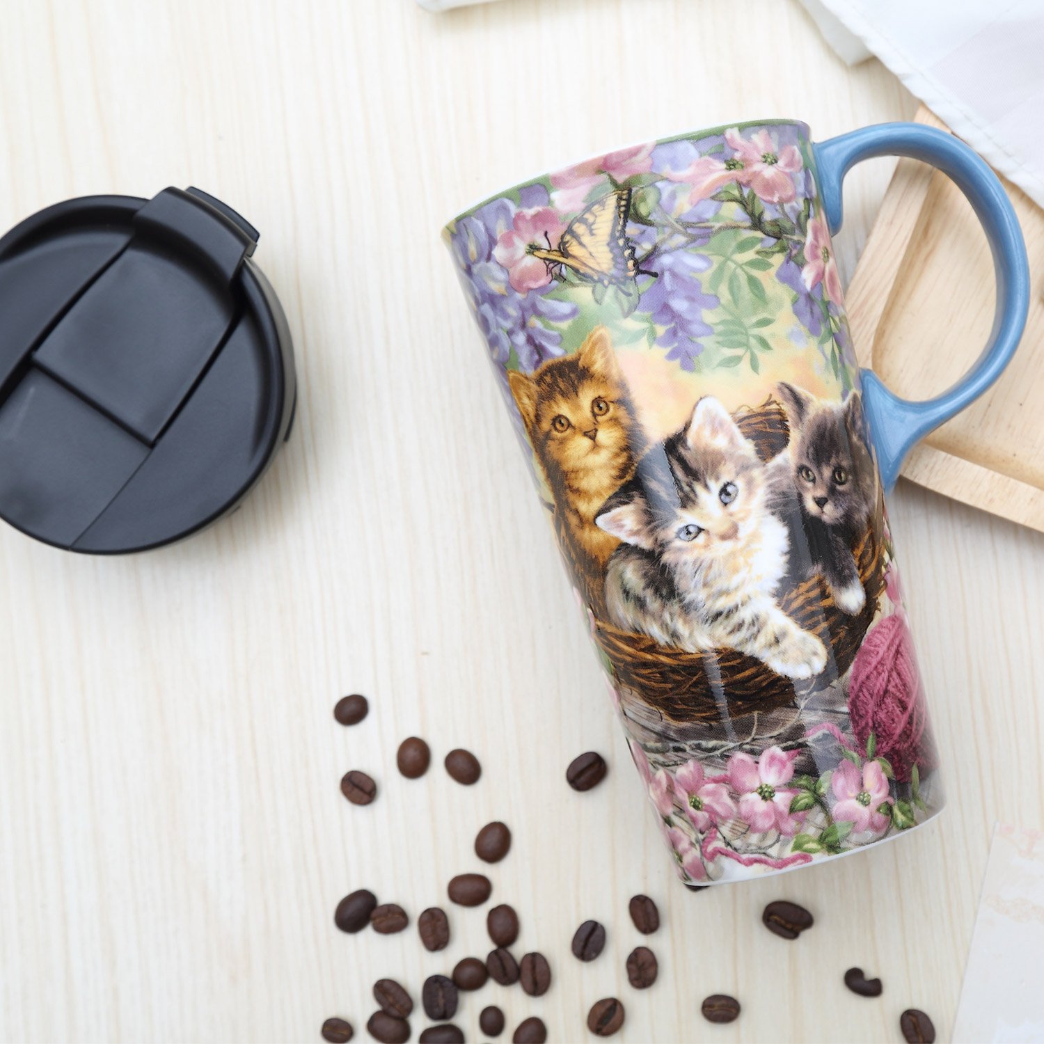 CEDAR HOME Taza de cerámica para café de viaje, taza de té de porcelana con tapa, 17 onzas, flor y gato