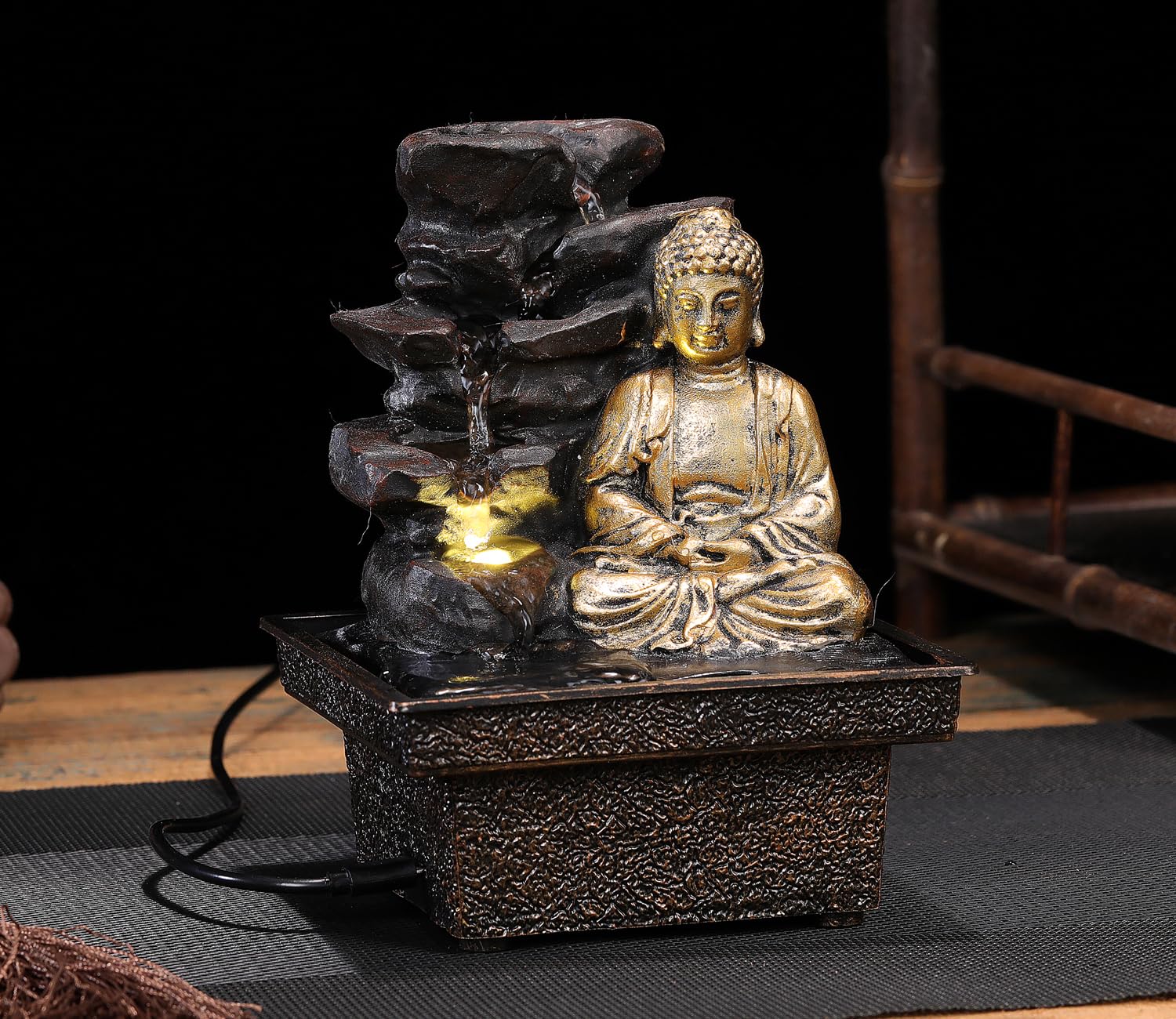 Tabletop Water Fountain Buddha Statue Desktop Indoor Waterfall Fountain Tabletop Humidifiers Home Decoration for Office, Living Room, or Bedroom