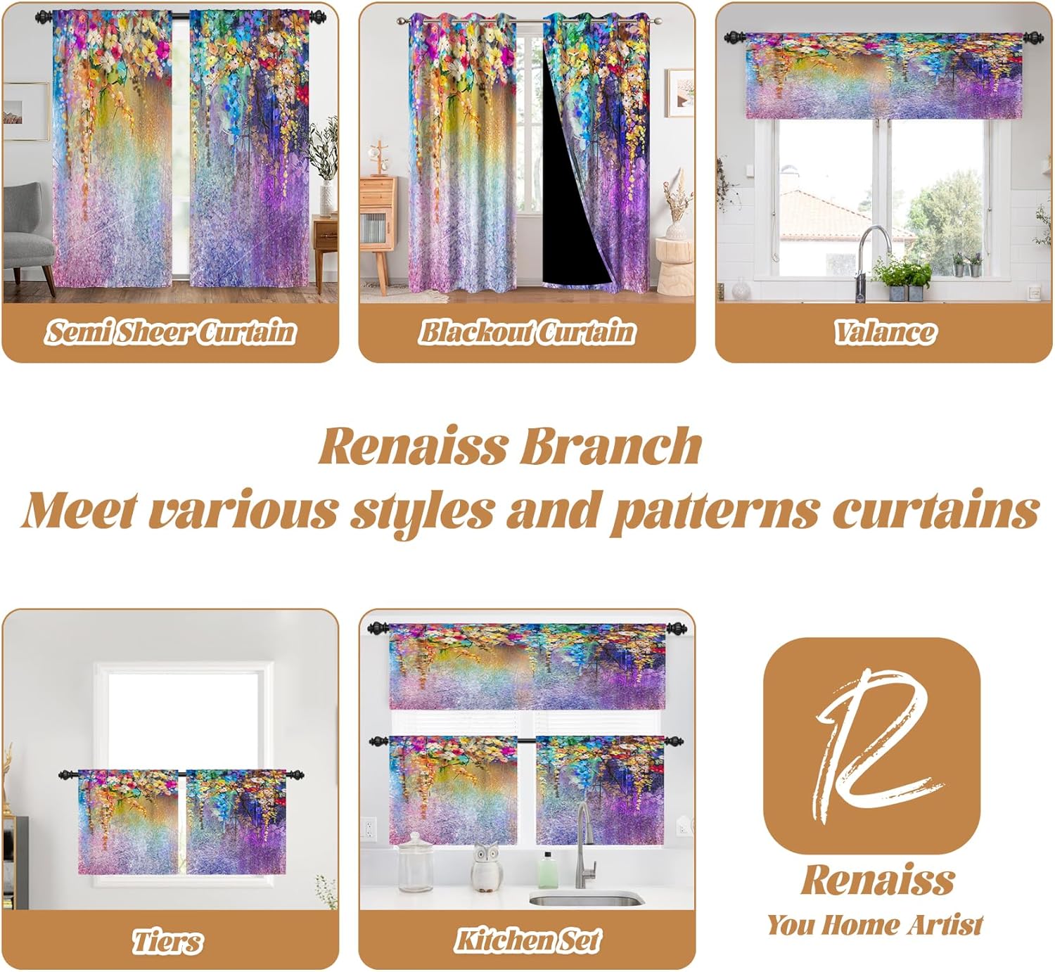 Renaiss 42 x 84 Inch Purple Flowers Floral Curtains Colorful Flower Fairy Tale Garden Window Treatment Light Filtering Decorative Curtain for Women Girls Bedroom Rod Pocket Tab Window Drapes 2 Panels