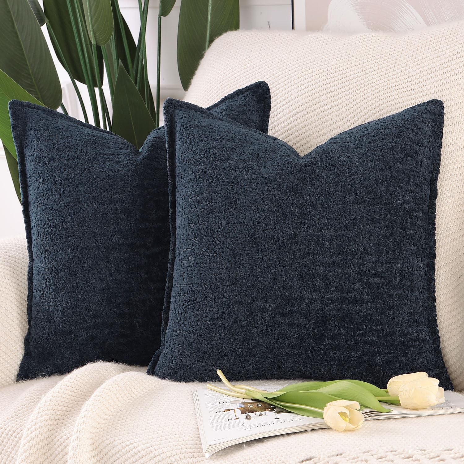 Madizz Pack of 2 Chenille Velvet Cushion Covers 40x40 cm Dark Blue Soft Neutral Decorative Throw Pillow Covers Accent Boho Pillowcases for Couch Sofa Modern Farmhouse Home Decor