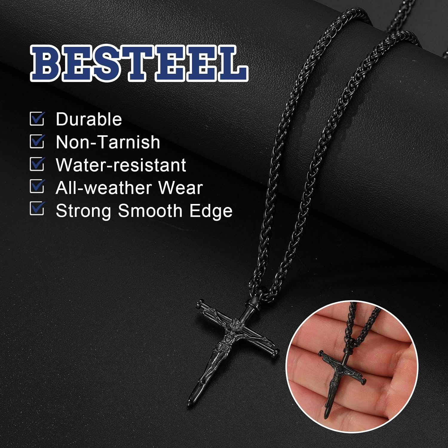Cross Necklace for Men, Stainless Steel Jesus Crucifix Nail Pendant 18+2" Black Gold Silver Necklace Christian Baptism Confirmation Religious Gifts for Men - Image 3