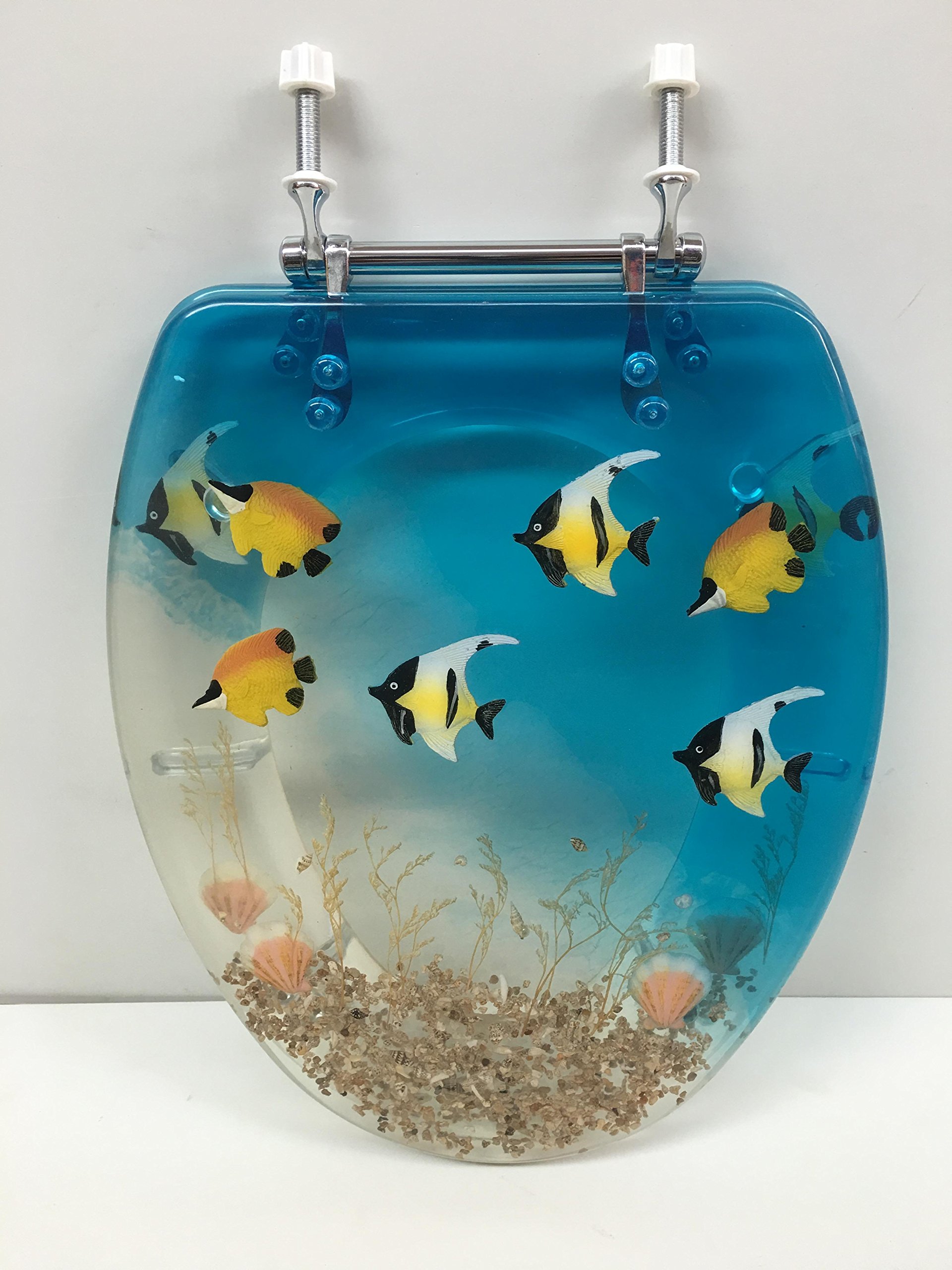 ELONGATED BLUE AQUARIUM FISH RESIN TOILET SEAT, CHROME HINGES