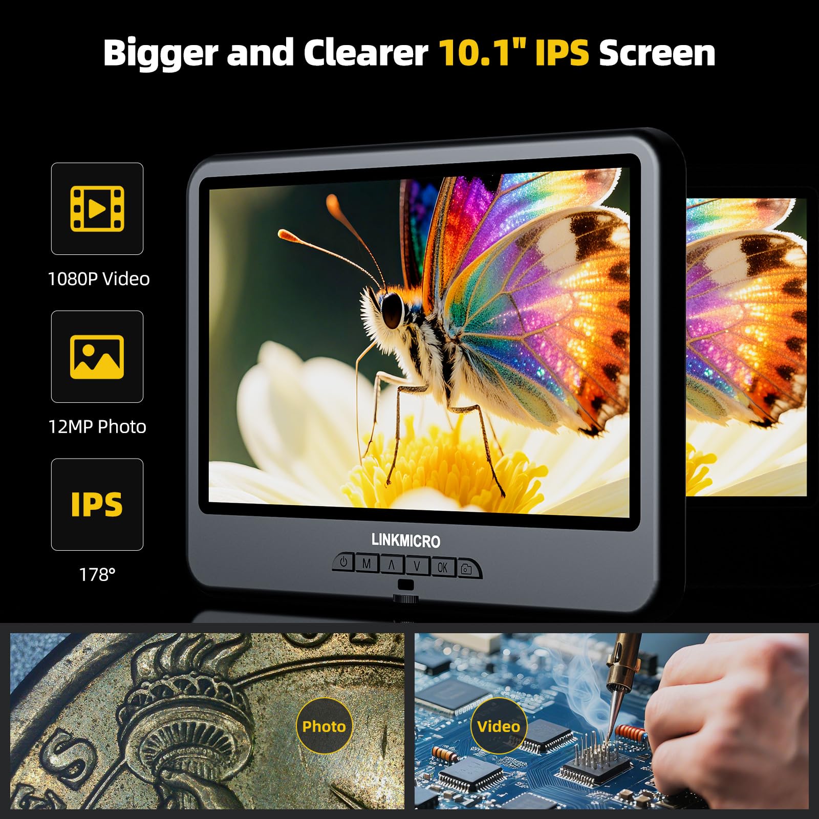 LM109A 10,1'' cyfrowy mikroskop LCD z ekranem dla dorosłych, lutowniczy mikroskop elektroniczny [stojak z elastycznym ramieniem] 260-krotny pełny widok monet lupa aparatu z 56 diodami LED