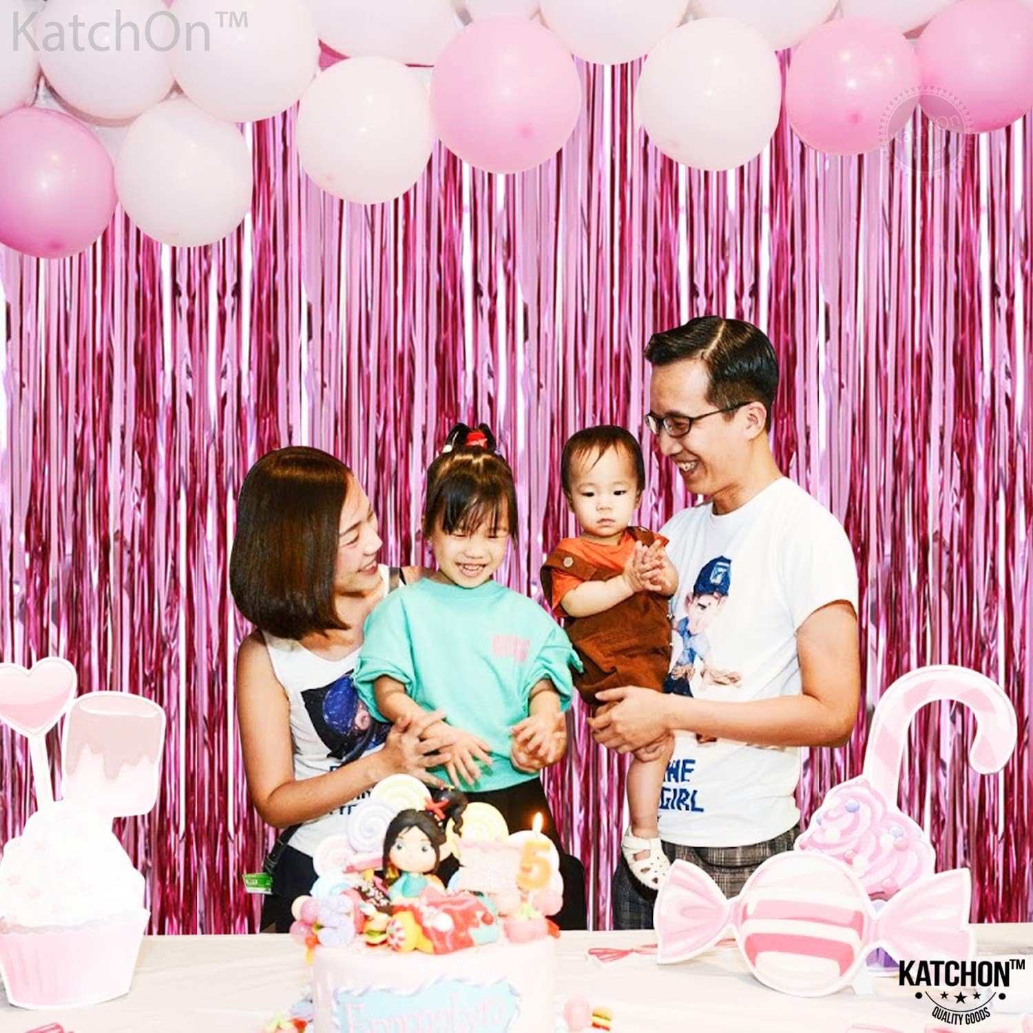 KatchOn, XtraLarge, Metallic Pink Streamers - 3.2x8 Feet, Pack of 1 | Pink Backdrop Curtain for Girls Party Decorations | Tinsel Foil Pink Party Streamers for Birthdays, Bachelorette, Bridal Shower