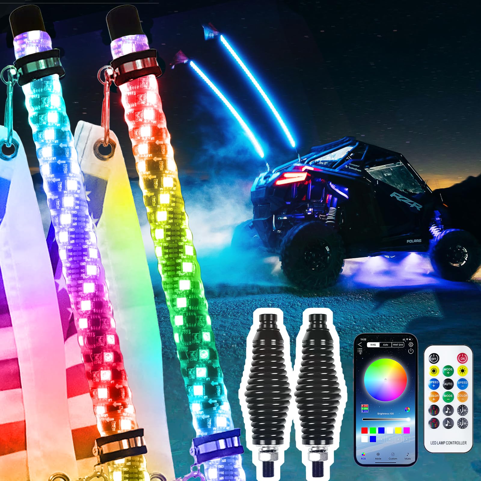 Photo 1 of 4FT Whip Lights,with Spring Base,Spiral RGB RF Wireless Remote,500 Kinds Patterns 600 Kinds of Color Combinations,RGR Chasing Lighted Antenna Whips,for UTV, ATV, Off Road, Truck,RZR. 4FT-1