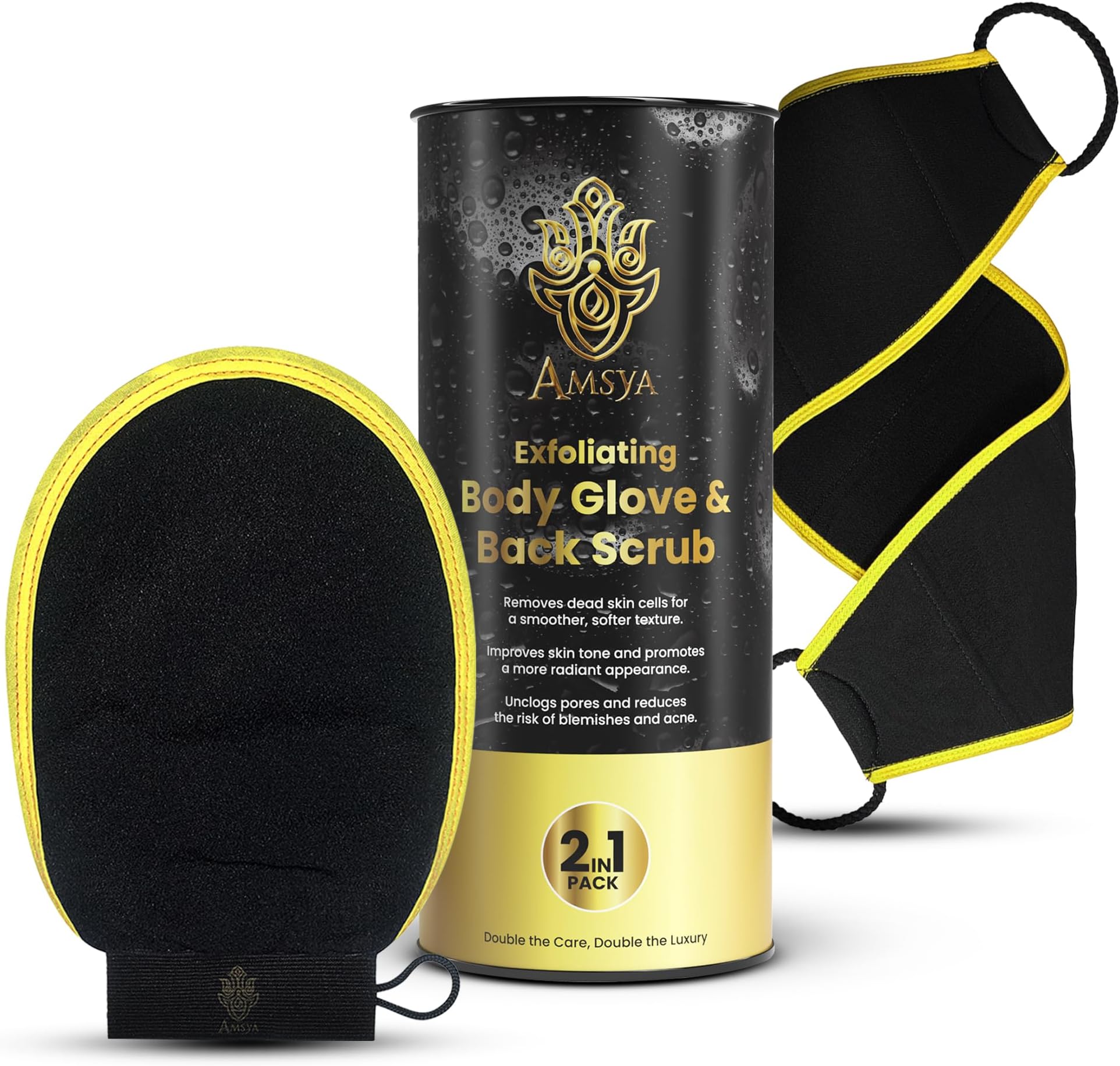 2-in-1 Natural Exfoliating Glove & Back Scrubber Bundle – Premium Korean Dead Skin Remover & Tanning Mitt Skincare Set for Smooth Skin – Body Exfoliator for Keratosis Pilaris & Strawberry Legs