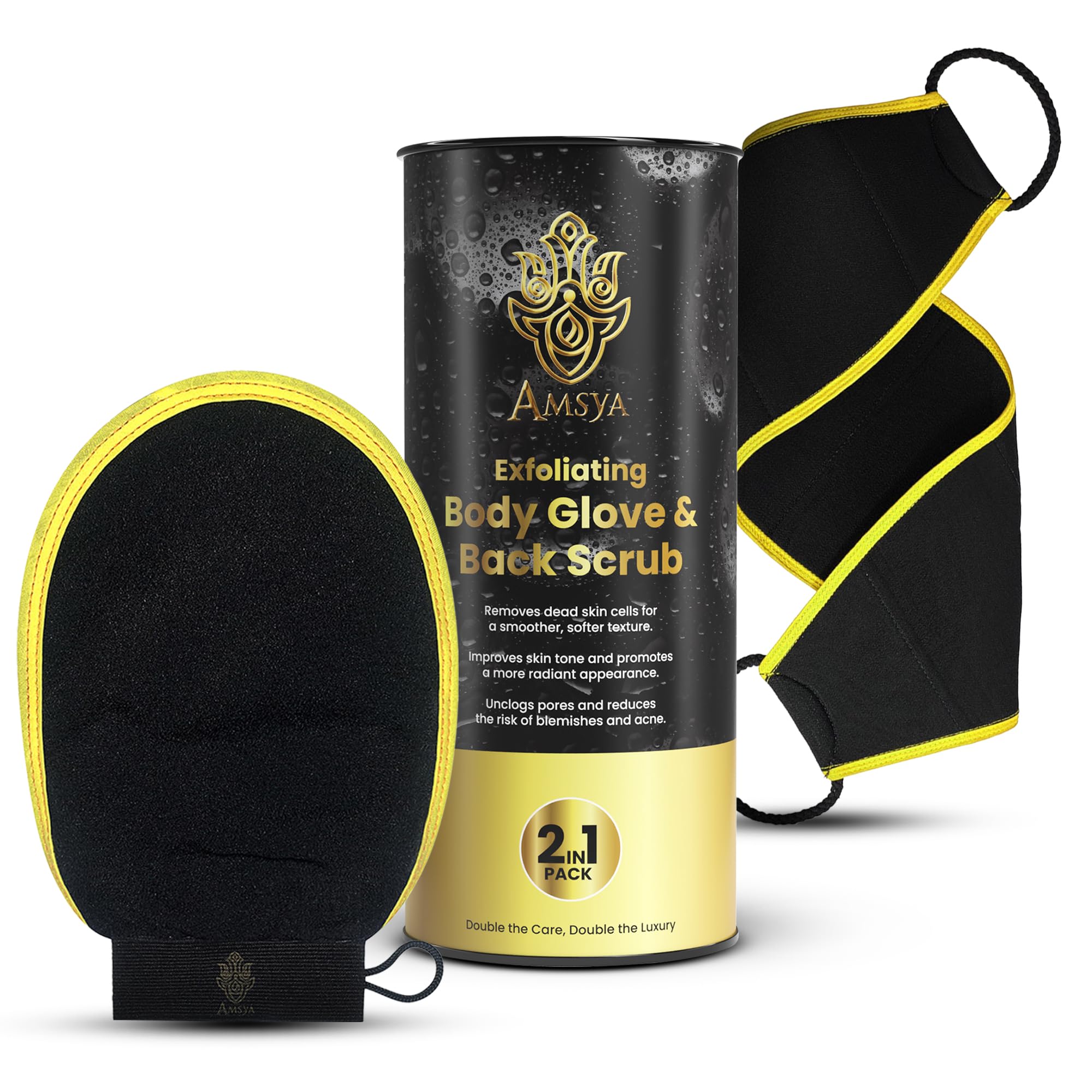 2-in-1 Natural Exfoliating Glove & Back Scrubber Bundle – Premium Korean Dead Skin Remover & Tanning Mitt Skincare Set for Smooth Skin – Body Exfoliator for Keratosis Pilaris & Strawberry Legs