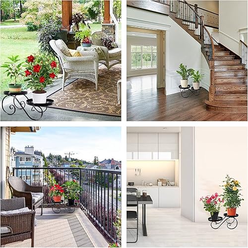 Miniatura 6 de TLBTEK Soporte de metal de 2 niveles, soporte redondo negro para macetas para interiores y exteriores, múltiples soportes modernos para macetas para