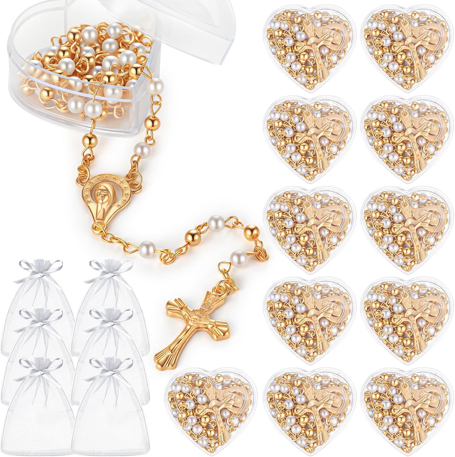 ROCEEI Catholic Rosary Necklace 4 mm Glass Beads Rosary Favors Crucifix Prayer with Faux Pearl with Heart Shaped Box and Organza Bag for First Communion Baptism