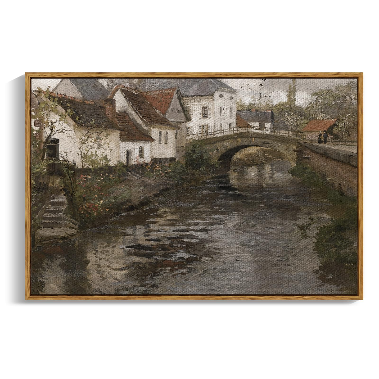 InSimSea Framed Vintage Landscape Wall Art Prints, 24x36in Riverside Small Town Large Canvas Prints Home Decor, Rustic Farmhouse Hanging Wall Decor for Bedroom Living Room