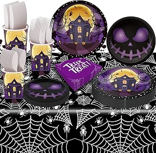Halloween Paper Plates Cup Napkins Cutlery and Tablecloth SERVE 24 Paper Disposable Tableware Napkins Cups Plastic Spoons Forks Knives Waterproof Tablecloth Perfect Halloween Party Supplies Purple