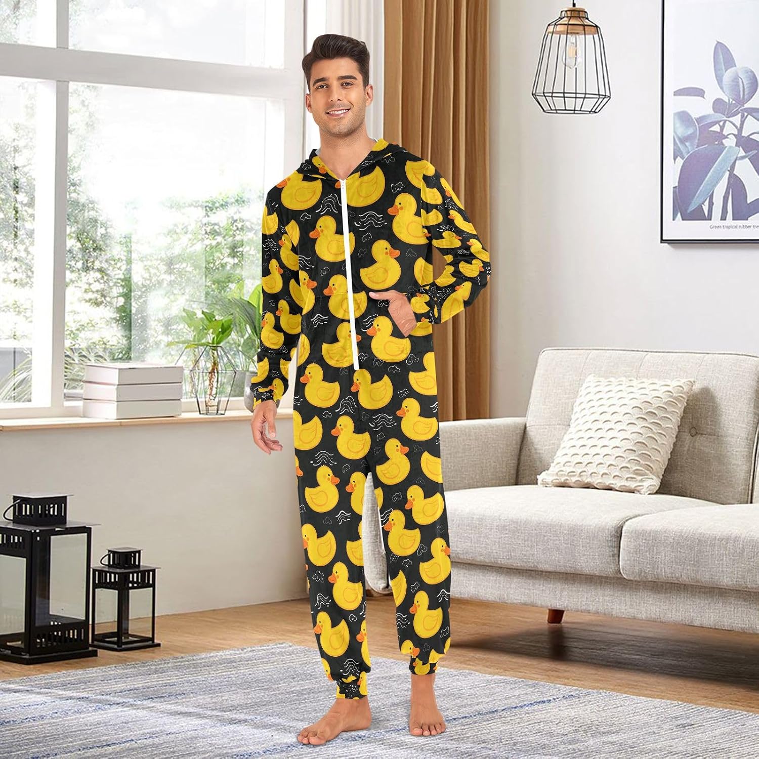 Yellow Duck Black Adult Onesie Pajamas Novelty One Piece Costume Sleepwear Jumpsuits Matching PJS