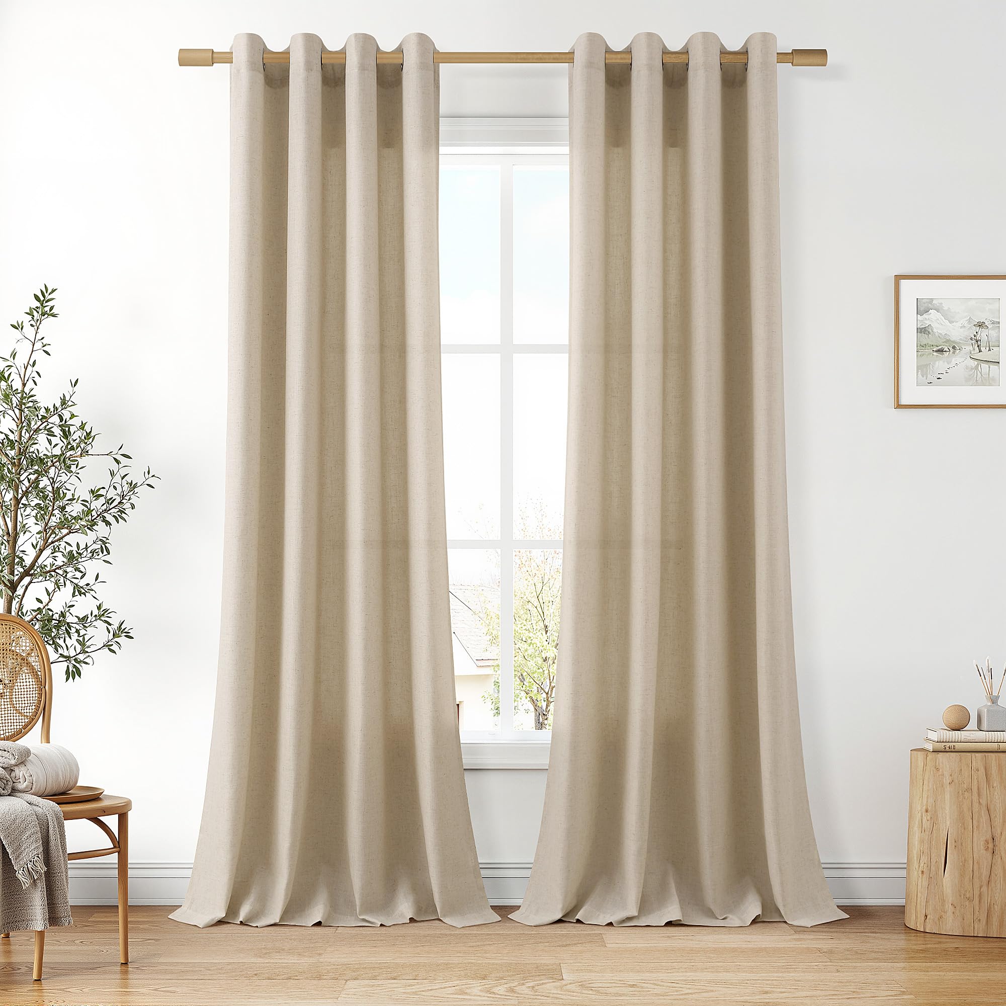 Aersas Taupe Burlywood 90 Inch Grommet Linen Curtains for Living Room 2 Panel Set Neutral Boho Farmhouse Semi Sheer Light Filtering Window Curtain for Bedroom Office Sliding Door 52x90