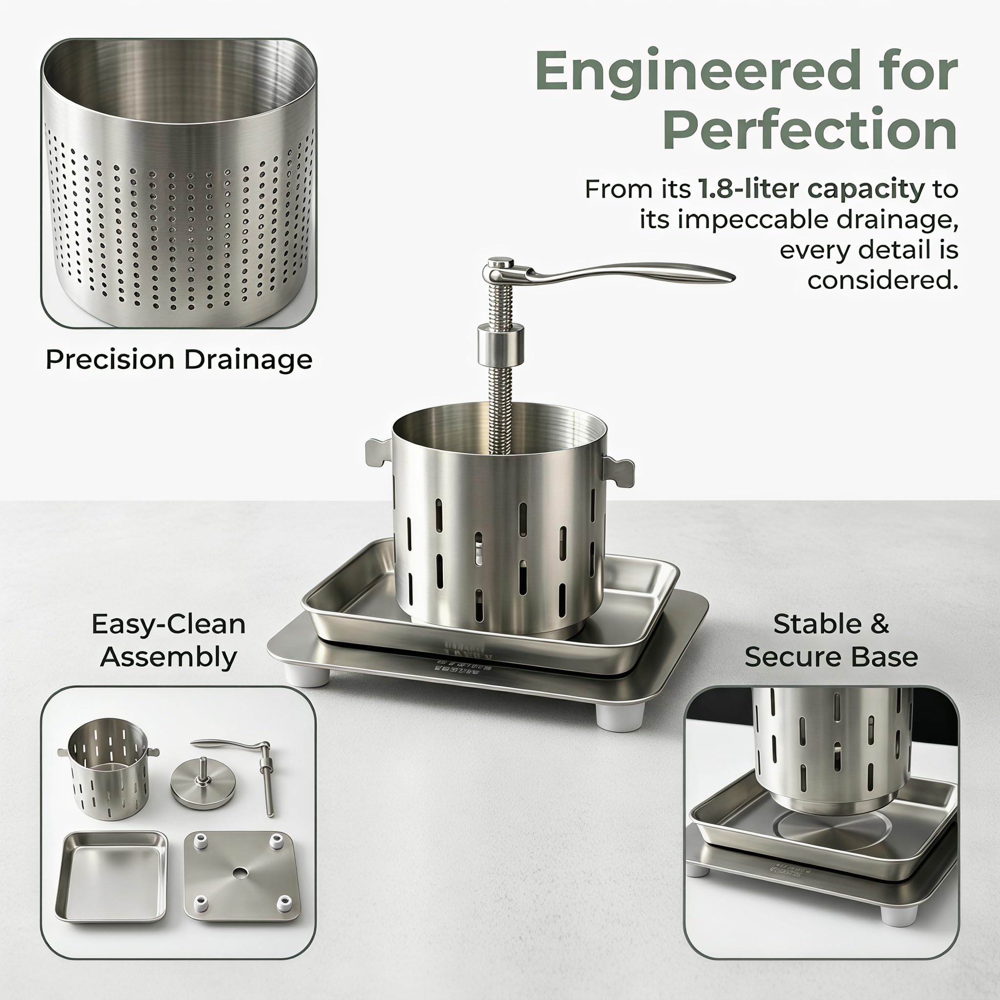 Tofu Press Paneer Maker, Edelstahl-Presswerkzeug mit Abtropfschale und Handtuch, leicht zu reinigen für vegetarische Rezepte, 1,8 Liter Fassungsvermögen