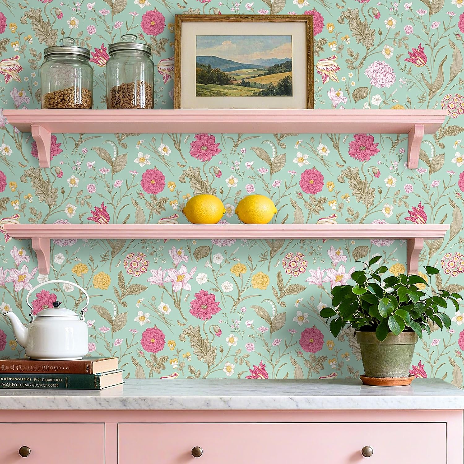 ReWallpaper 17.5inx23ft Cottagecore Floral Peel and Stick Wallpaper Removable Self Adhesive Green Hydrangea Wallpaper Vintage Floral Wall Covering for Bedroom Living Room Nursery Bathroom Accent Walls