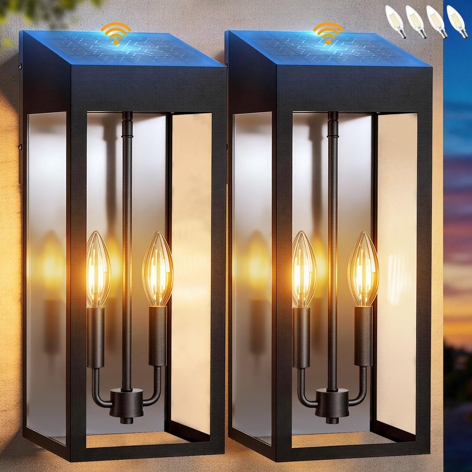 Photo 1 of Sparluvix Extra Large Solar Wall Lights Outdoor, 20 Inch Dusk to Dawn Outdoor Lights for House IP65 Waterproof, Black Solar Exterior Lights with Tempered Glass Patio Coach Light, Included E12 Bulbs×4