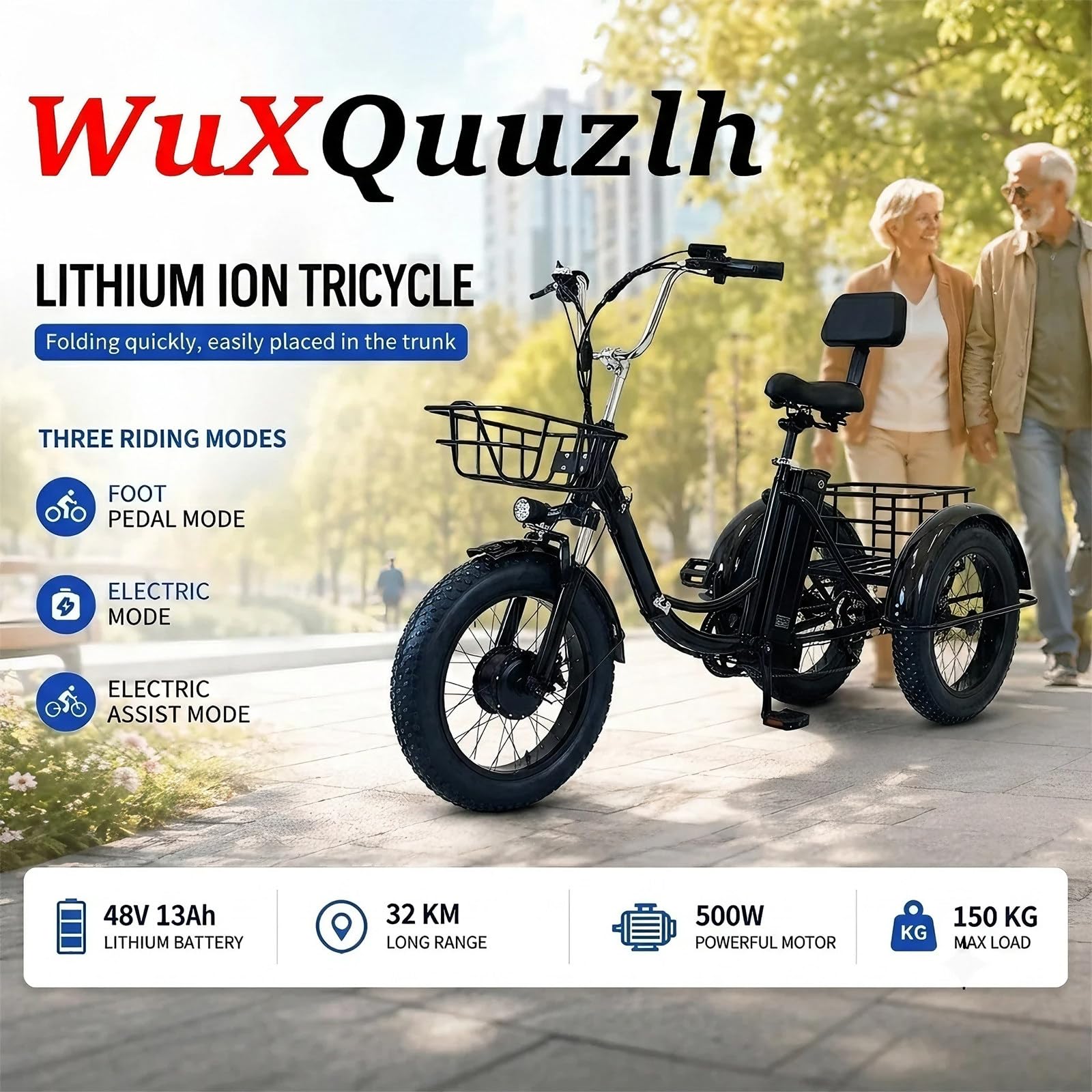 Triciclo Bici Pieghevole Elettrica per Adulti 20 Pollici, Cambio a 7 Rapporti, Freni a Disco Doppi, Display Digitale, Cestini Anteriori e Posteriori per Ciclismo All'Aperto