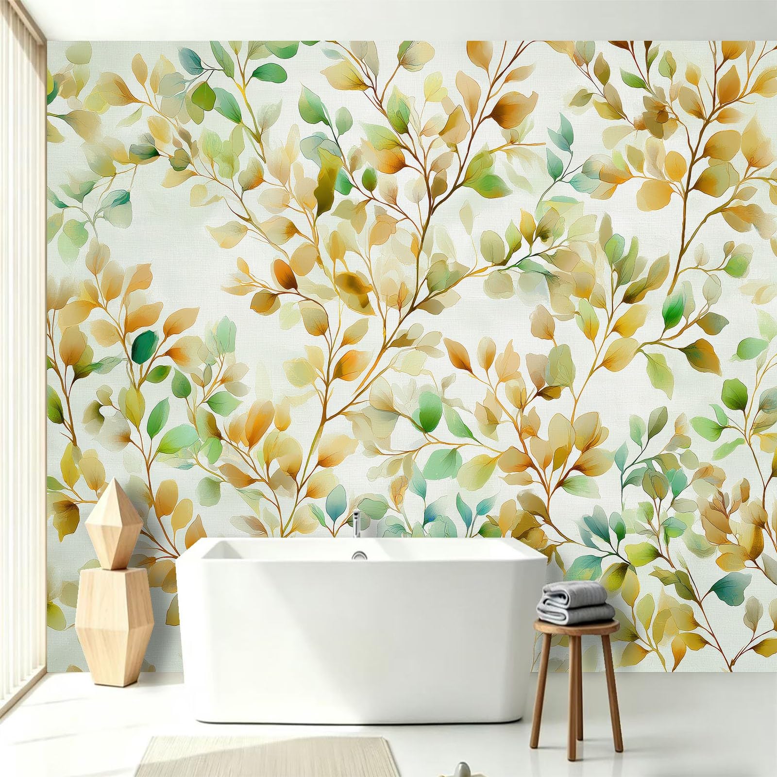 Fototapete 350 x 256 cm (B x H) Tapete Modern Aquarell Blätter Tapeten Vliestapete, Grün Wandtapete für Wohnzimmer Schlafzimmer Apartment Esszimmer Wanddeko Motivtapeten
