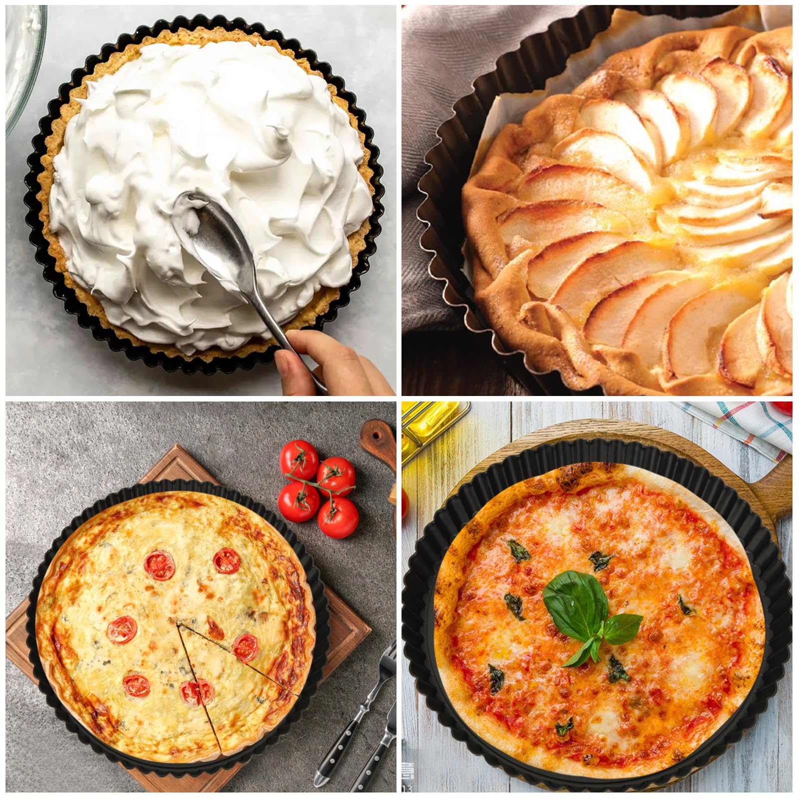 3 Pièces Moule A Tarte Fond Amovible 22 26 30 cm, Plat A Tarte et Plat A Quiche Noir en Acier Carbone, Moule Cannelé pour Pizza et Dessert Maison
