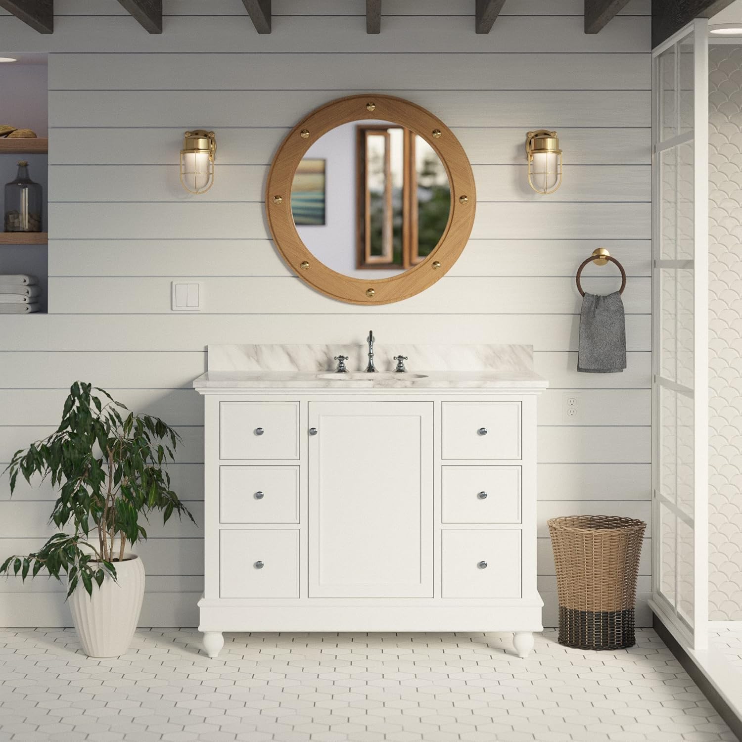 Bella 42-inch Bathroom Vanity: White Cabinet with Carrara Marble Countertop and Ceramic Sink