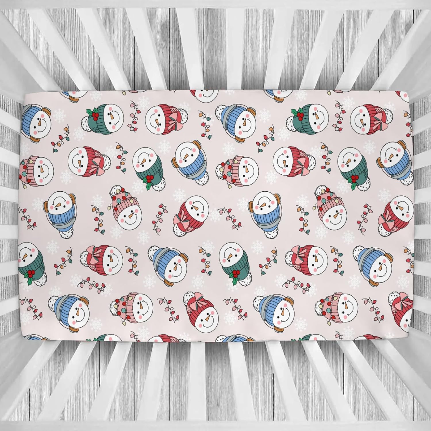 Christmas Snowman Bows Lights Baby Crib Sheets Cute Winter Snowman Snowflakes Soft Baby Sheets Festive Holiday Fitted Crib Mattress Cover for Standard Crib & Toddler Bed Mattress 52"x28"