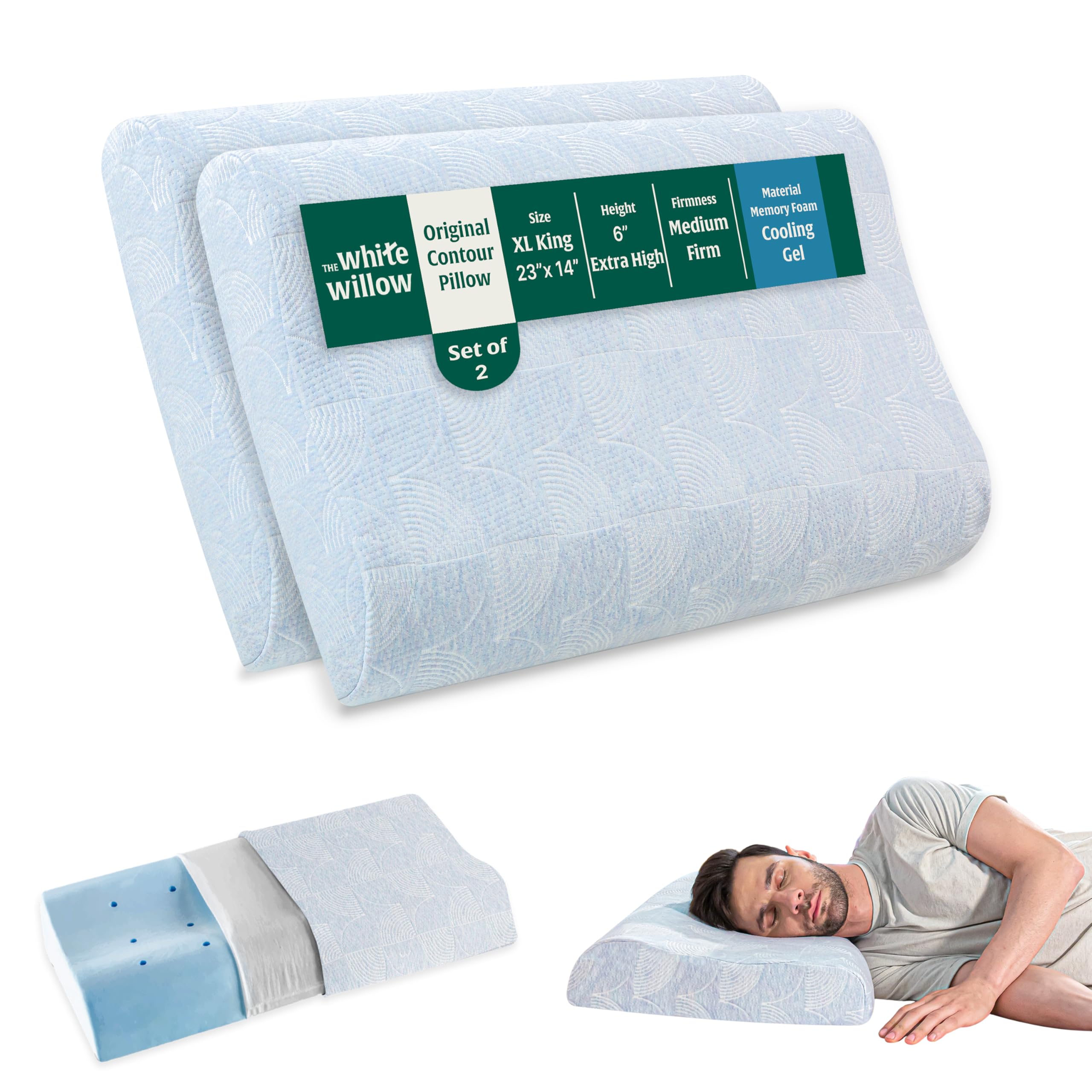 the white willow cervical pillow for neck pain & shoulder pain relief-set of 2 cool gel memory foam pillow for sleeping-orthopedic pillow for spondylitis-neck support medical pillow-xxl king-blue