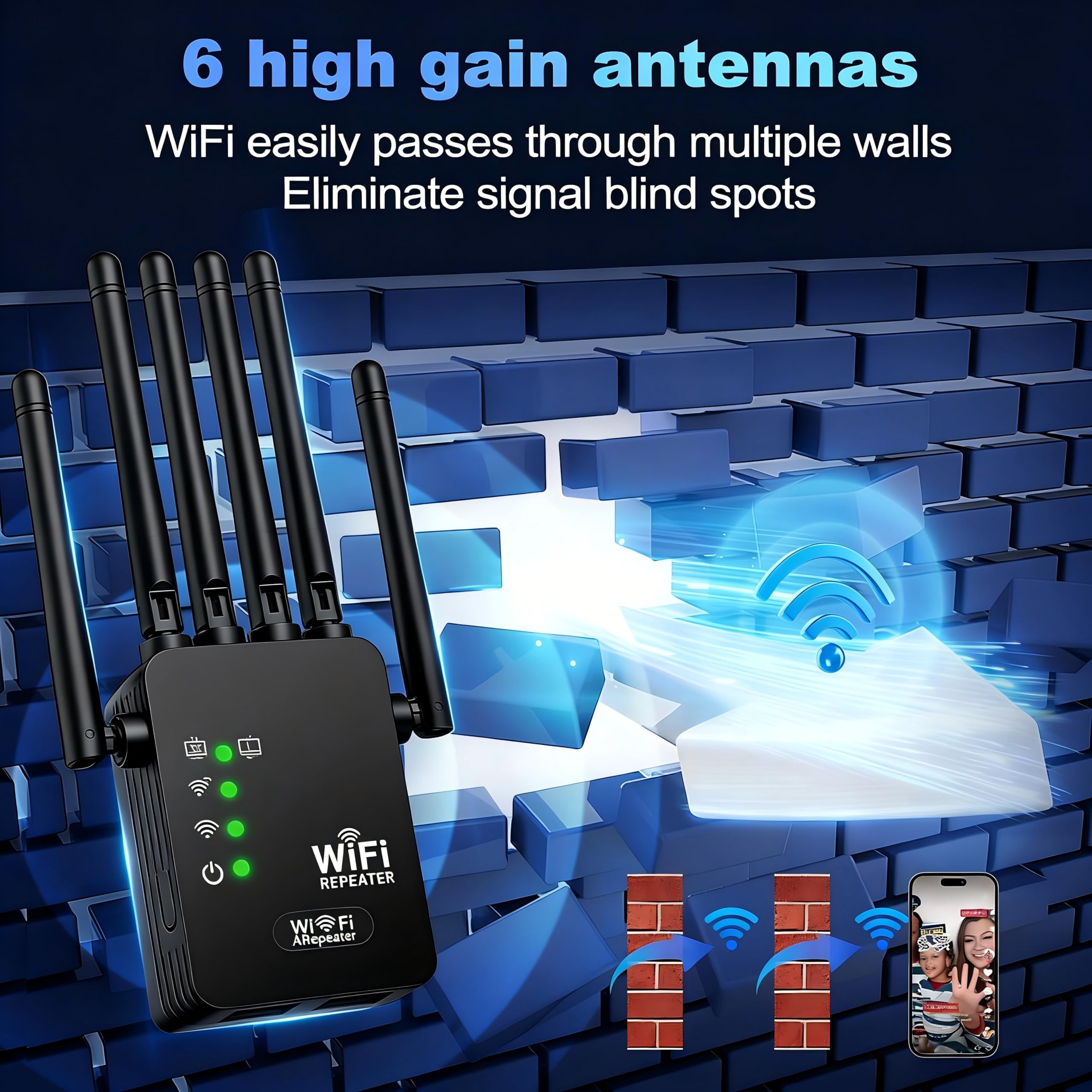 Répéteur WiFi Puissant, 1200M Amplificateur WiFi de dernière Technologie avec6 antennes Couvrant Une superficie de11000m²,2 Ports LAN,répéteur WiFi pour la Maison et Le Bureau(Noir)
