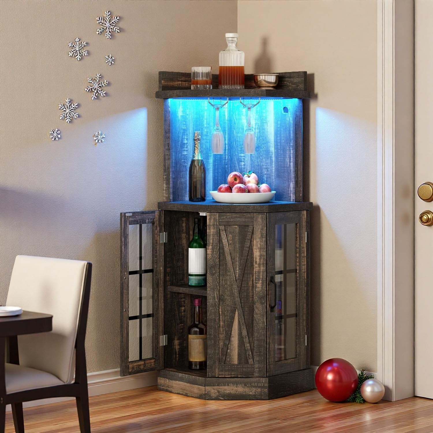 YITAHOME Corner Bar Cabinet with RGB LED Lights, Farmhouse Wine Cabinet with Wine Glass Holder, Adjustable Shelves, Corner Liquor Cabinet for Living Room, Dining Room (Dark Rustic Oak)