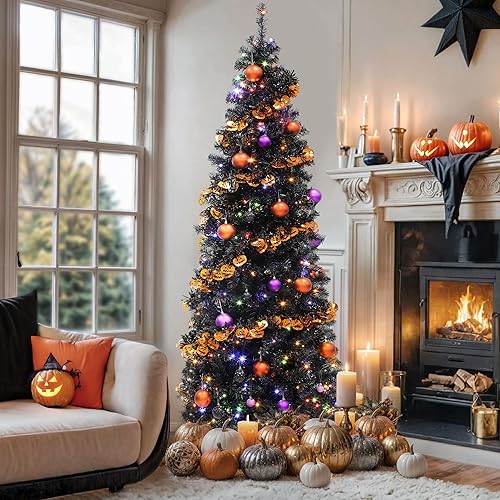 YITAHOME 6ft Pre-Lit Artificial Pencil Christmas Tree, Black Hinged Slim Halloween Christmas Tree for Home, Office, Party Decoration with 700 Branch Tips and 200 Lights