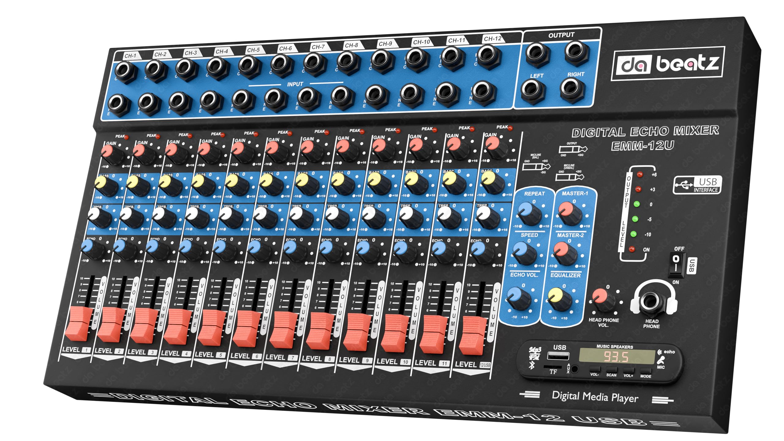 da.beatz. 12 Channel Stereo Echo DJ Mixer With USB & Bluetooth-Ideal For DJ,Parties,Stage Effects,Weddings,Karaoke & Studio Recording-Digital Audio Mixer Professional Sound Channel With Effects(Black)