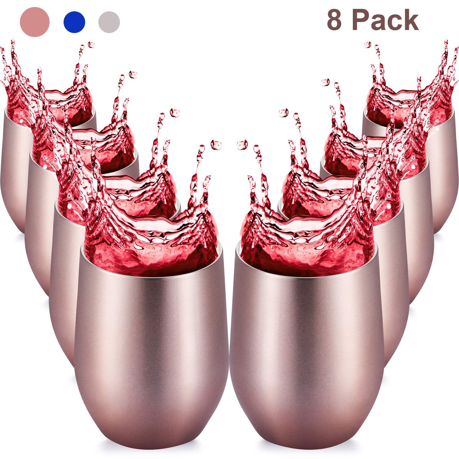 Maxdot 8 Pack Stemless Wine Glasses 12 OZ Double Wall Vacuum Insulated Wine Tumbler Cup with Lids, Durable Insulated Coffee Mug, for Wine, Cocktail, Champagne, Beer, Water (Bright Rose Gold)