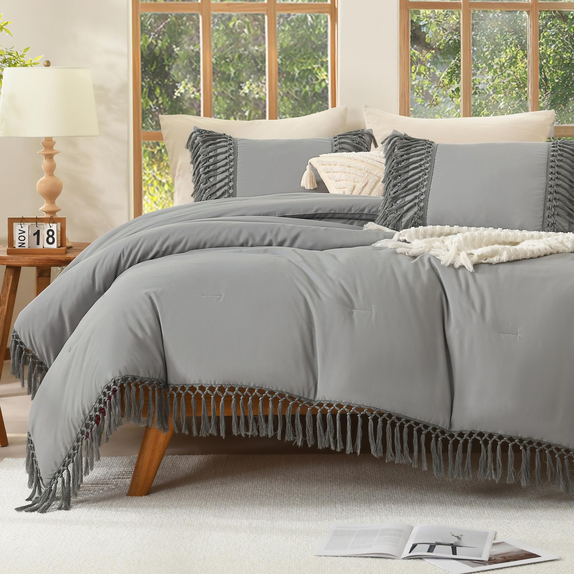 Andency Medium Grey Comforter Set Cal King, 3 Pieces Boho Tassel Bedding