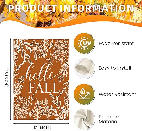 Miniatura 6 de Banderas de jardín de Acción de Gracias para decoraciones exteriores, bandera pequeña de hojas de arce con texto en inglés "Hello Fall", cosecha de