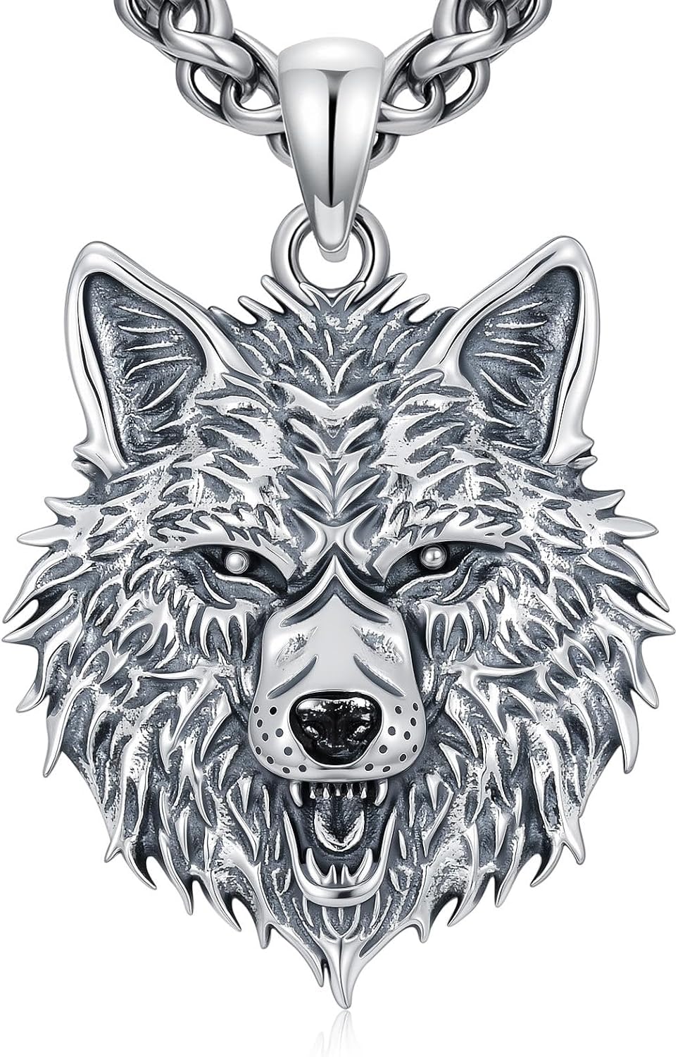 Wolf Necklace 925 Sterling Silver Cool Viking Wolf Head Pendant Necklaces Jewelry for Men, w/Stainless Steel Chain 22'' + 2''