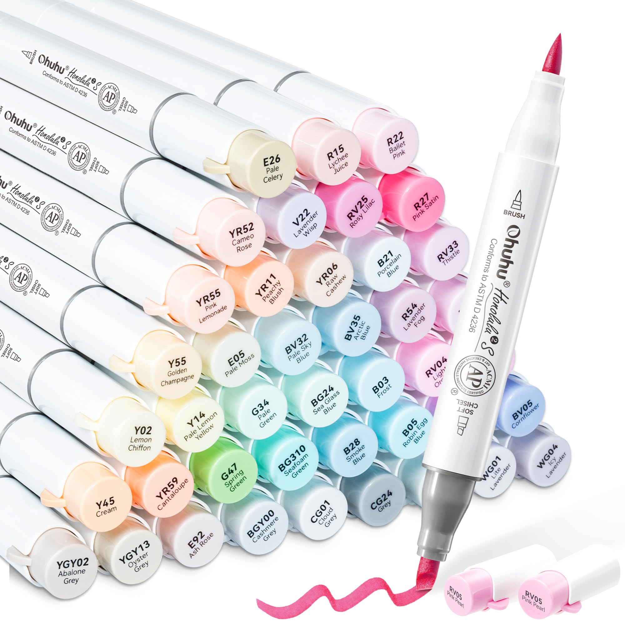 Ohuhu Alcohol Markers 48 Pastel Colors Brush Soft Chisel for Adult Coloring | Honolulu 2S Cozy Coloring Art Marker for Artists Beginners Adults Coloring AP Certified Dual Tips Alcohol-based(Sweetness)