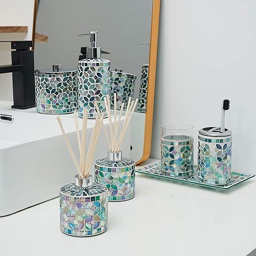 Miniatura 6 de Juego de 2 botellas decorativas con difusor de varillas de vidrio de mosaico vertical de 7.3 onzas con tapas plateadas y 16 palitos de alimentación