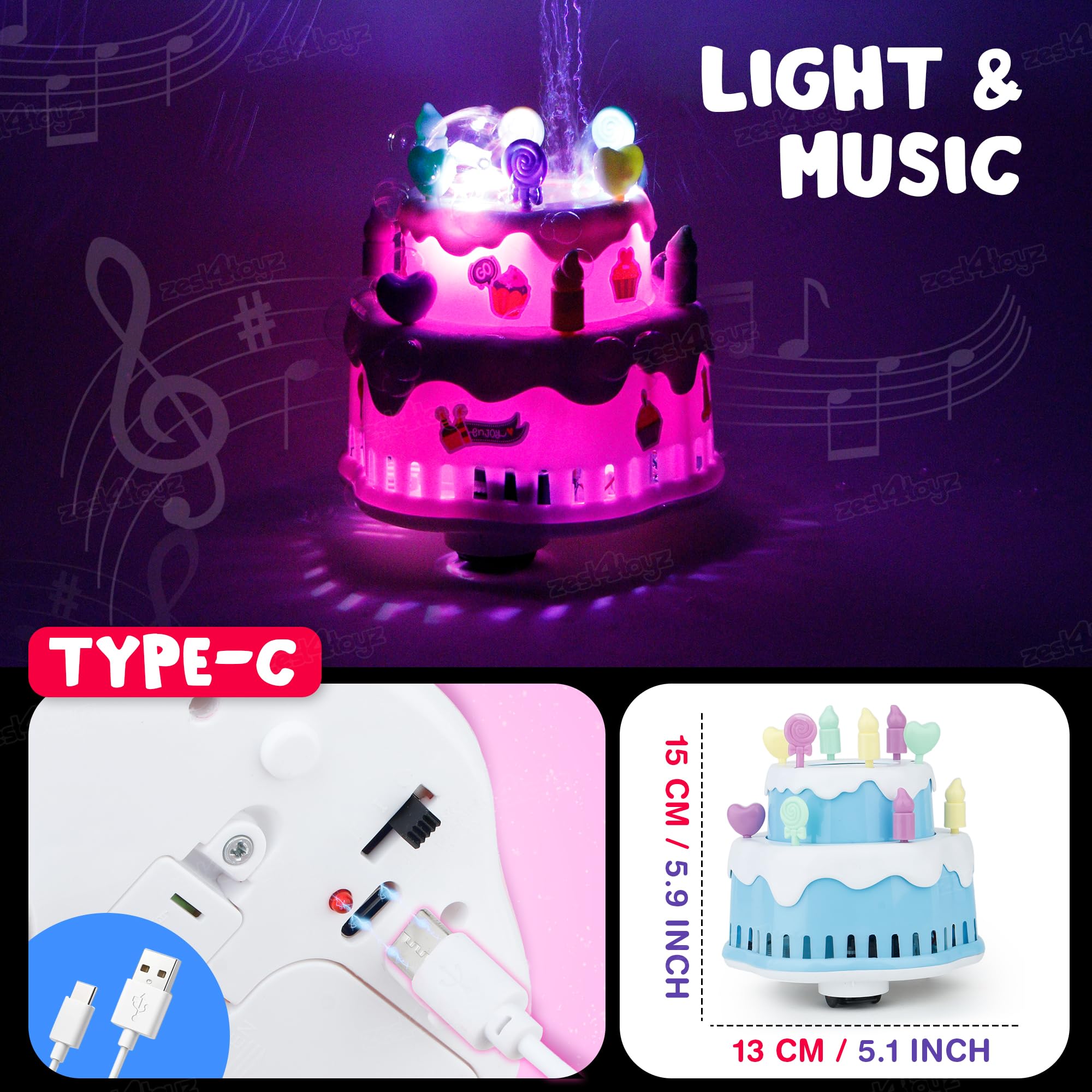Zest 4 Toyz Bubble Cake Toy for Kids Bubble Machine with Colorful Lights & Stickers Rechargeable Bubble Blower Sings Happy Birthday Song Gift for Boys and Girls Age 3+ Multicolor 1