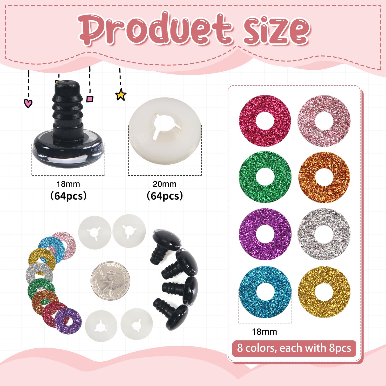 64 Sets Yeux De Sécurité Pour Poupées - 16mm Multicolores Avec Paillettes | Création Peluches Et Amigurumi