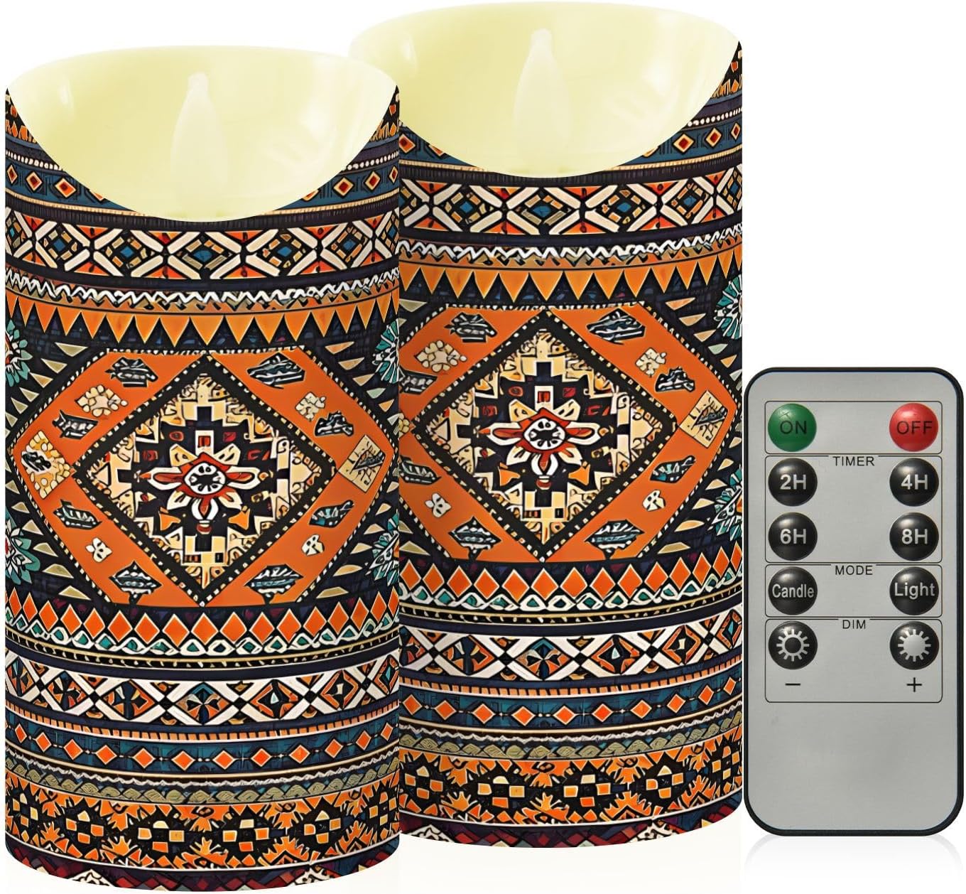 2 Pack Native Southwest Tribal Flameless Candles Battery Operated LED Candles with Remote and Timer for Wedding, Party and Holiday Decoration