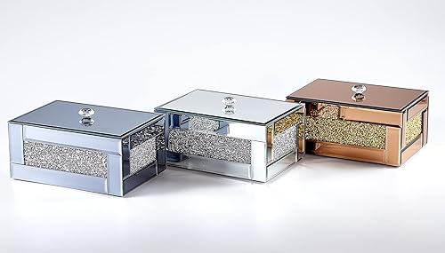 Miniatura 7 de BANQLE Joyero para reloj, organizador de maquillaje con espejo para tocador, caja de tocador de cristal, diamante triturado plateado