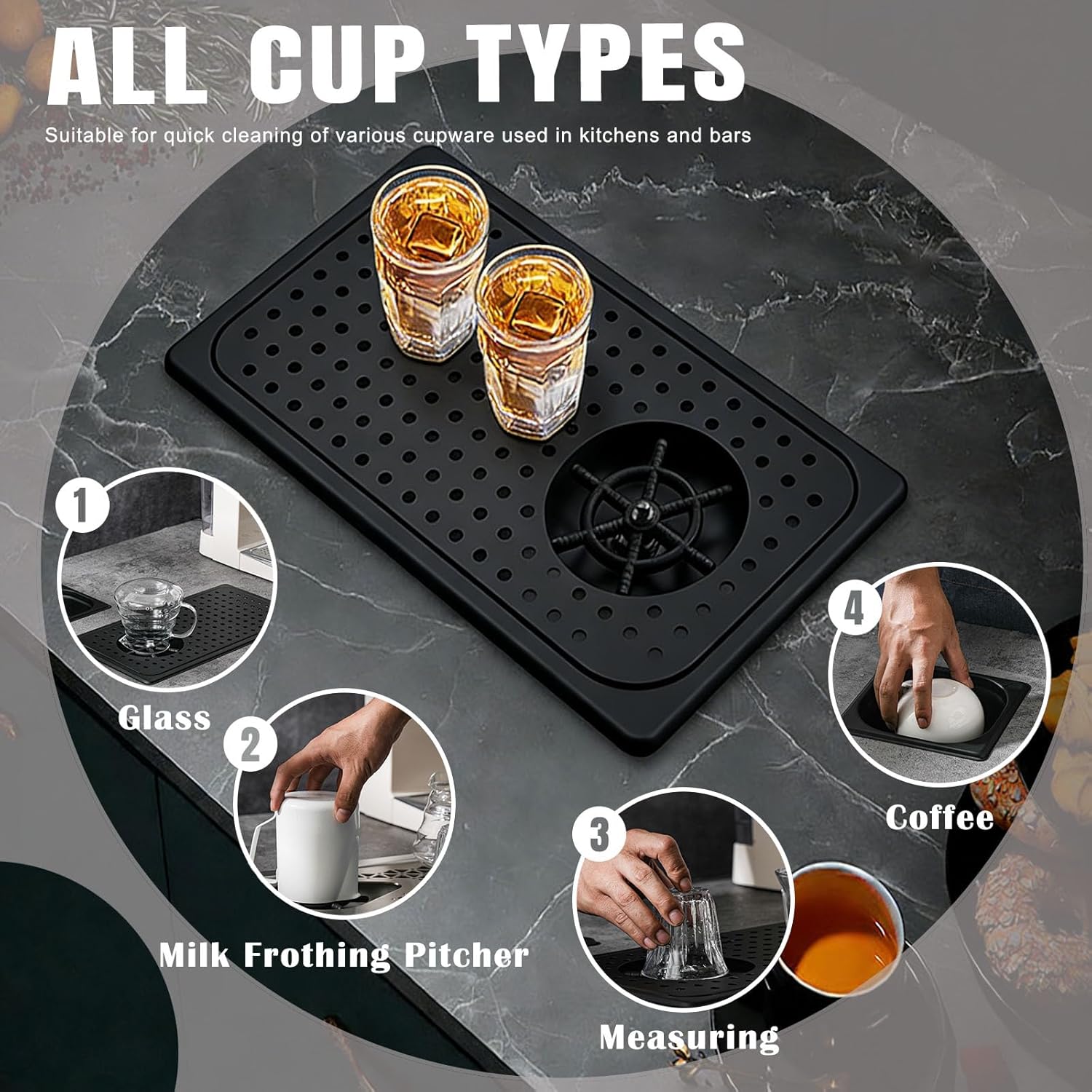 Pitcher Rinser, Rinser, Drain and Drip Tray, Stainless Steel Bar GlassRinser for Home Kitchen, Cafe, Restaurant, with Drain and Drip Tray, for Bar, (Black)