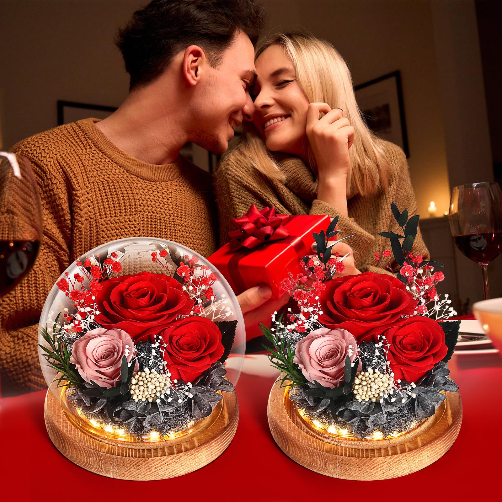 WYRIAZA Rose Eternelle sous Cloche, Idee Cadeau Femme Maman Copine Noel Saint Valentin Fete des Meres Anniversaire Cadeau St Valentin Femme