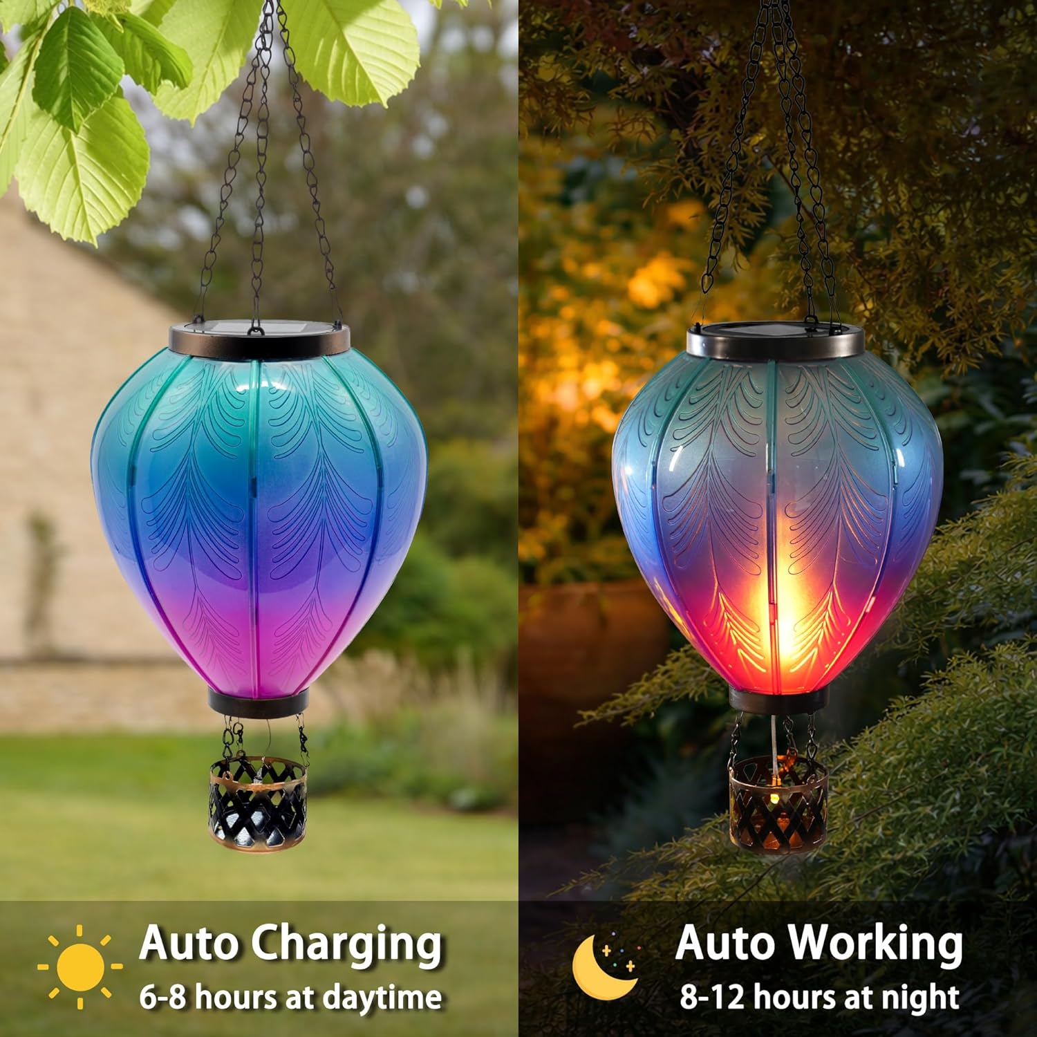 Hot Air Balloon Solar Lantern for Garden Decor, Flickering Flame Hanging Solar Lights Outdoor with Waterproof, Hanging Lights for Garden Tree Front Patio Yard Porch, Unique Gifts for Women Mom Grandma