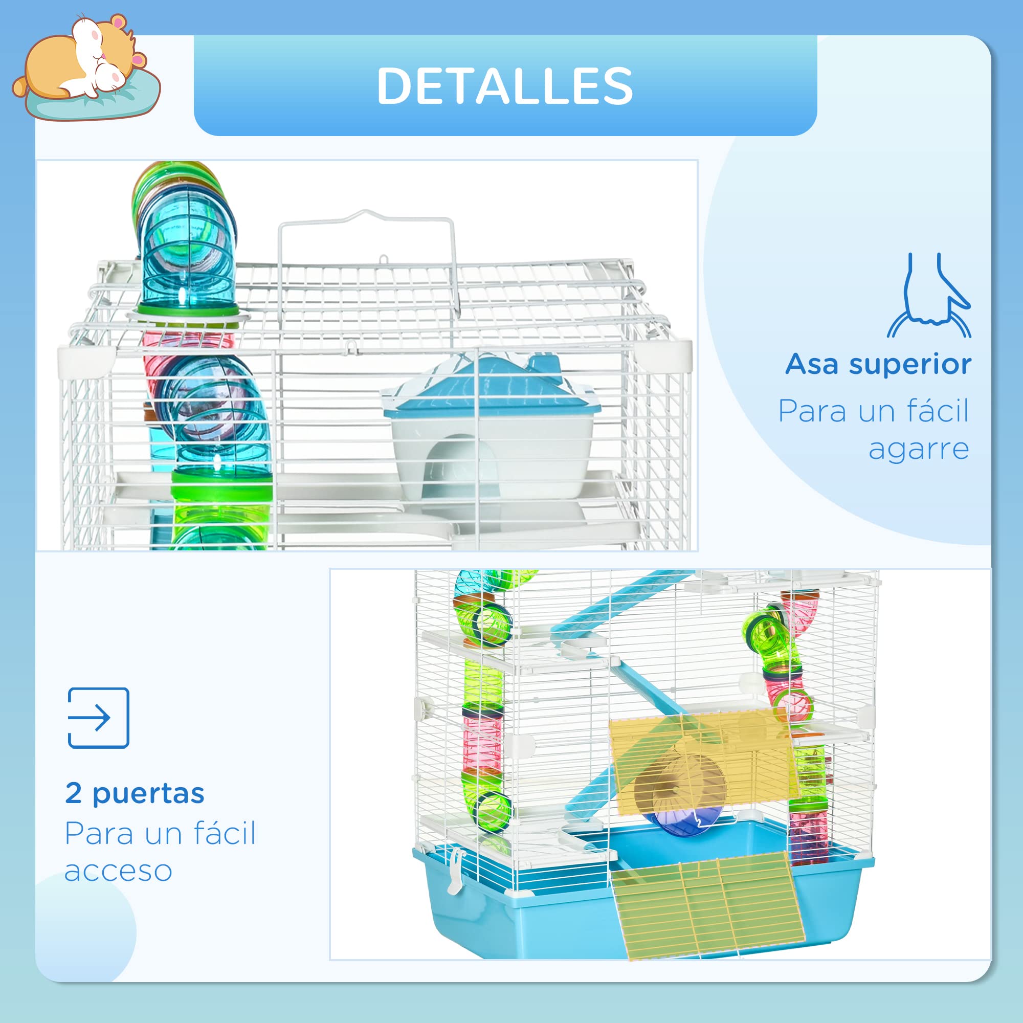 PawHut Jaula para Hámster Grande 59x36x69 cm Casa para Hámster con 4 Plataformas Tubos Comedero Bebedero 4 Rampas Rueda de Ejercicio y 2 Asas Portátiles Azul Celeste