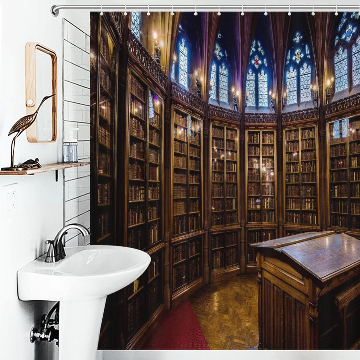 Bookshelf Shower Curtain, Vintage Middle Ages Books Library Bookshelf Mid Century Bookcase Washable Waterproof Fabric Bath Curtains Set for Bathroom Decor Art with 12 Hooks - 60x72Inch（152x183cm）