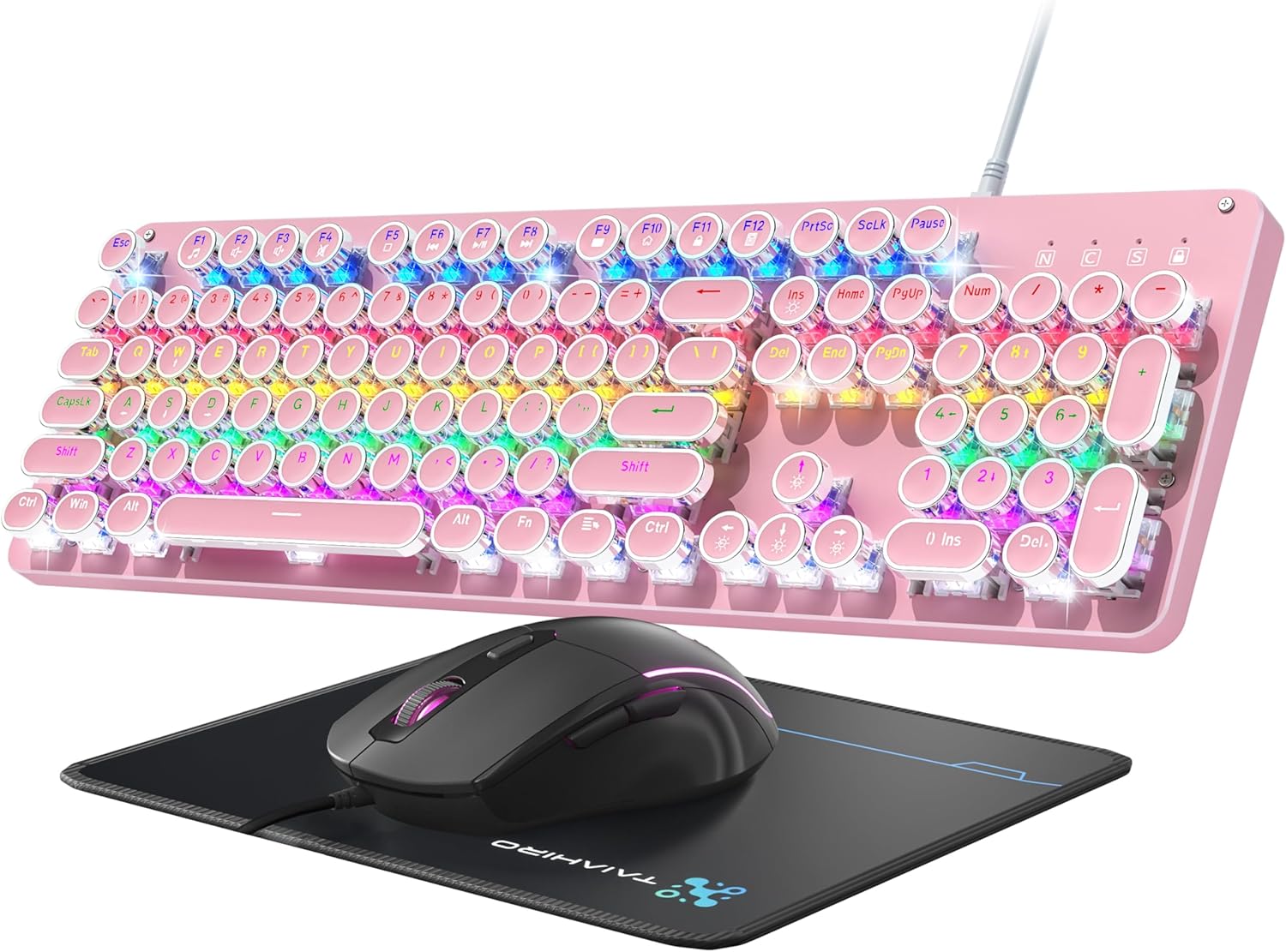 Typewriter Mechanical Gaming Keyboard and Mouse, Metal Panel Retro Keyboard with Round Keycap Blue Switch, RGB Backlit 104 Keys Anti-Ghost Wired Keyboard Mouse and Pad Combo for PC Laptop Mac Gamer