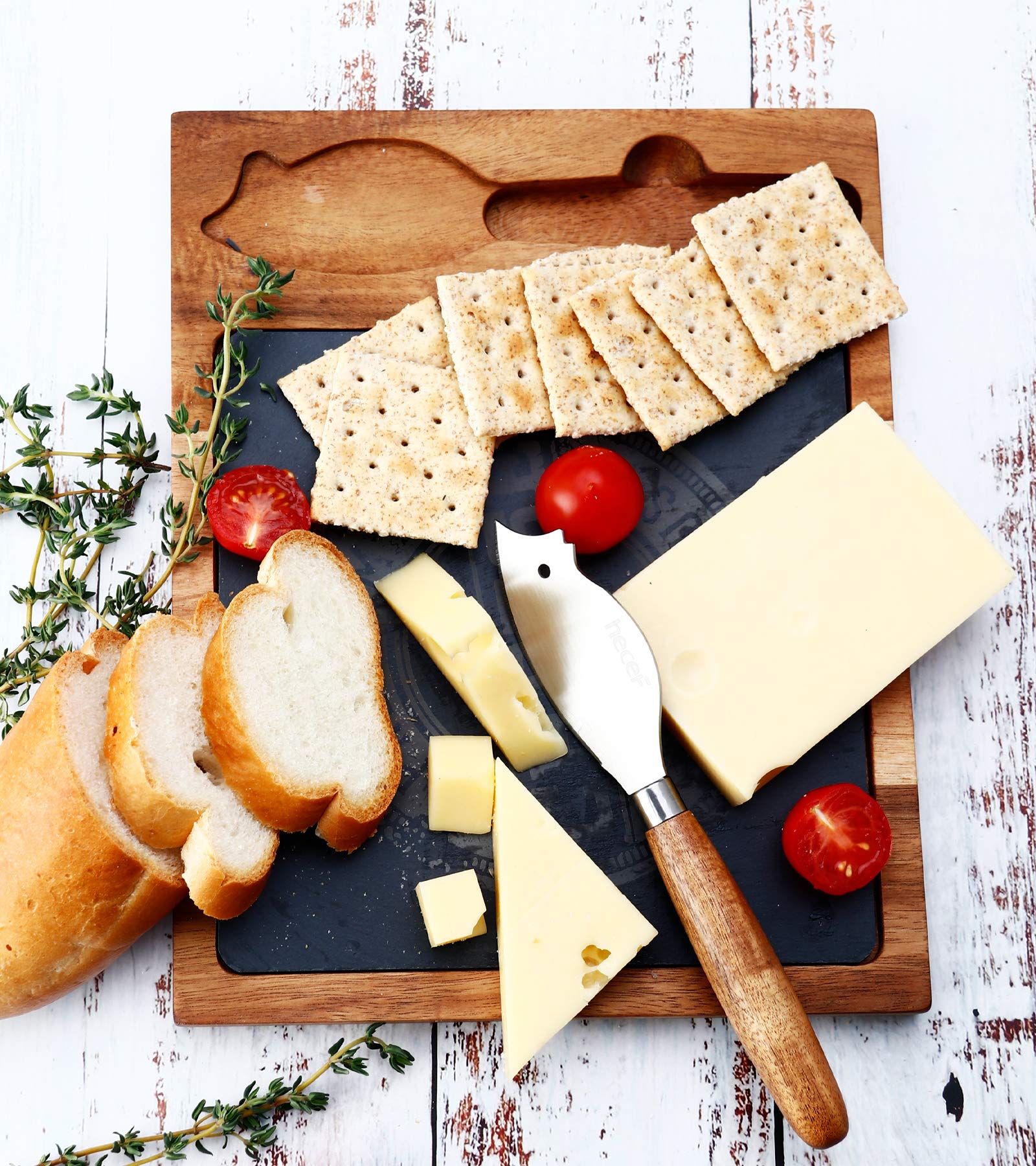 hecef Juego de Tabla de Queso de Madera Acacia con Tabla Negra y Cuchillo para Queso, Placa de Madera y Bandeja para Servir Queso, Galletas y Carne