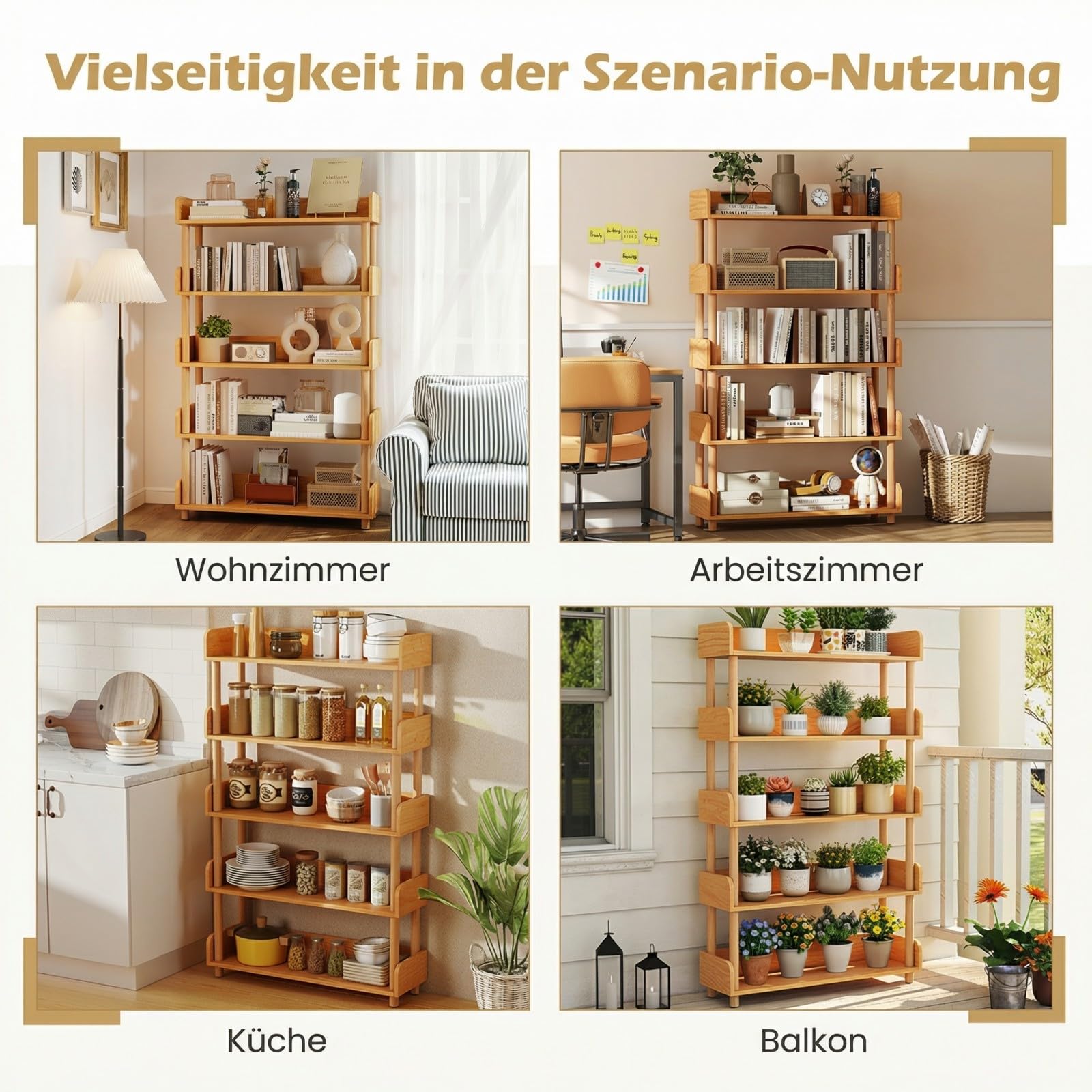 COSTWAY Eckregal mit 5 offene Ebene, freistehendes Bücherregal mit Holzrahmen & Oberkante, Holz Standregal, Lagerregal, Aufbewahrungsregal für Wohnzimmer, Schlafzimmer, Kinderzimmer, 80x24x130,5 cm